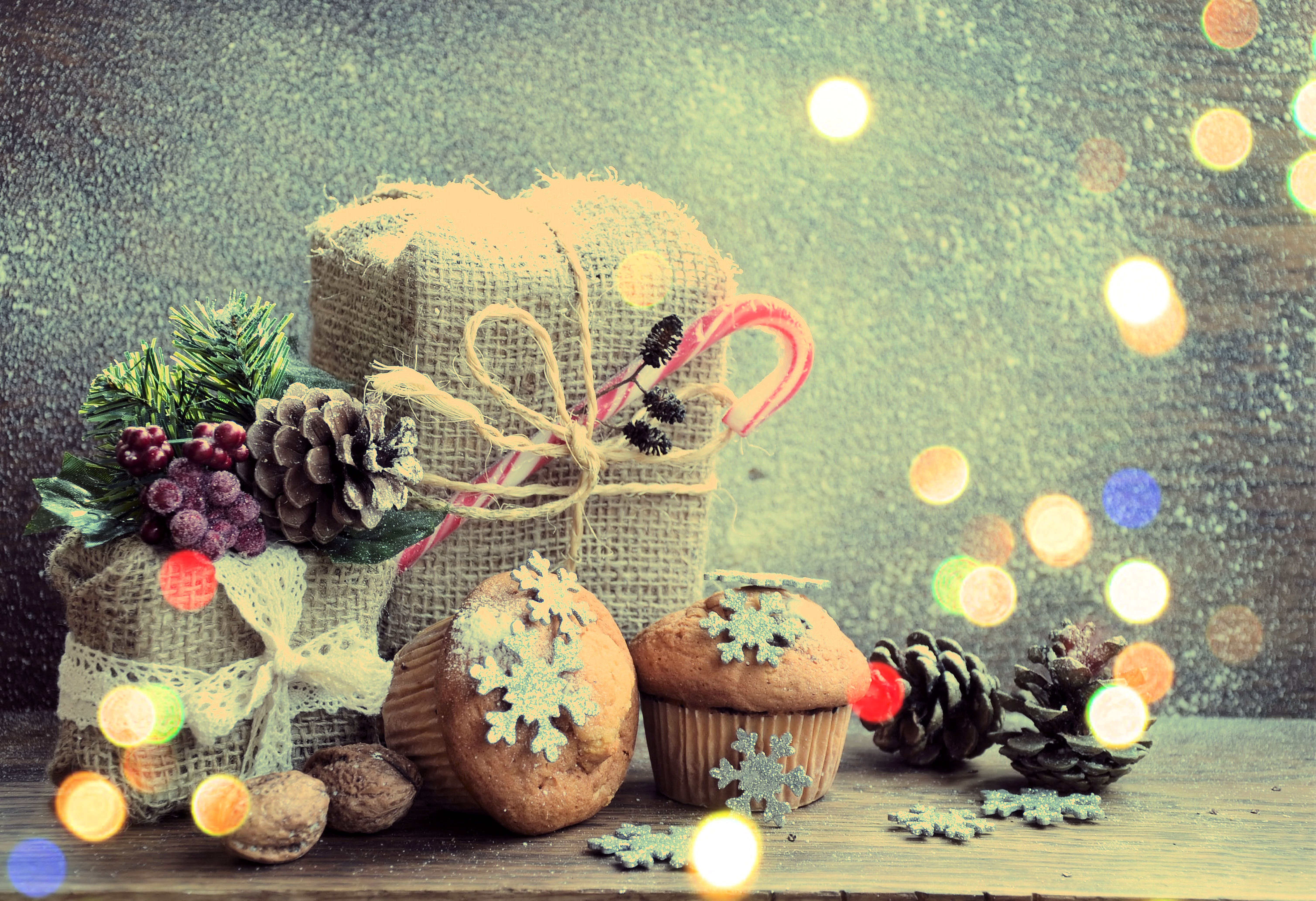 Christmas Gifts with Muffins and Pine Cones HD Wallpaper