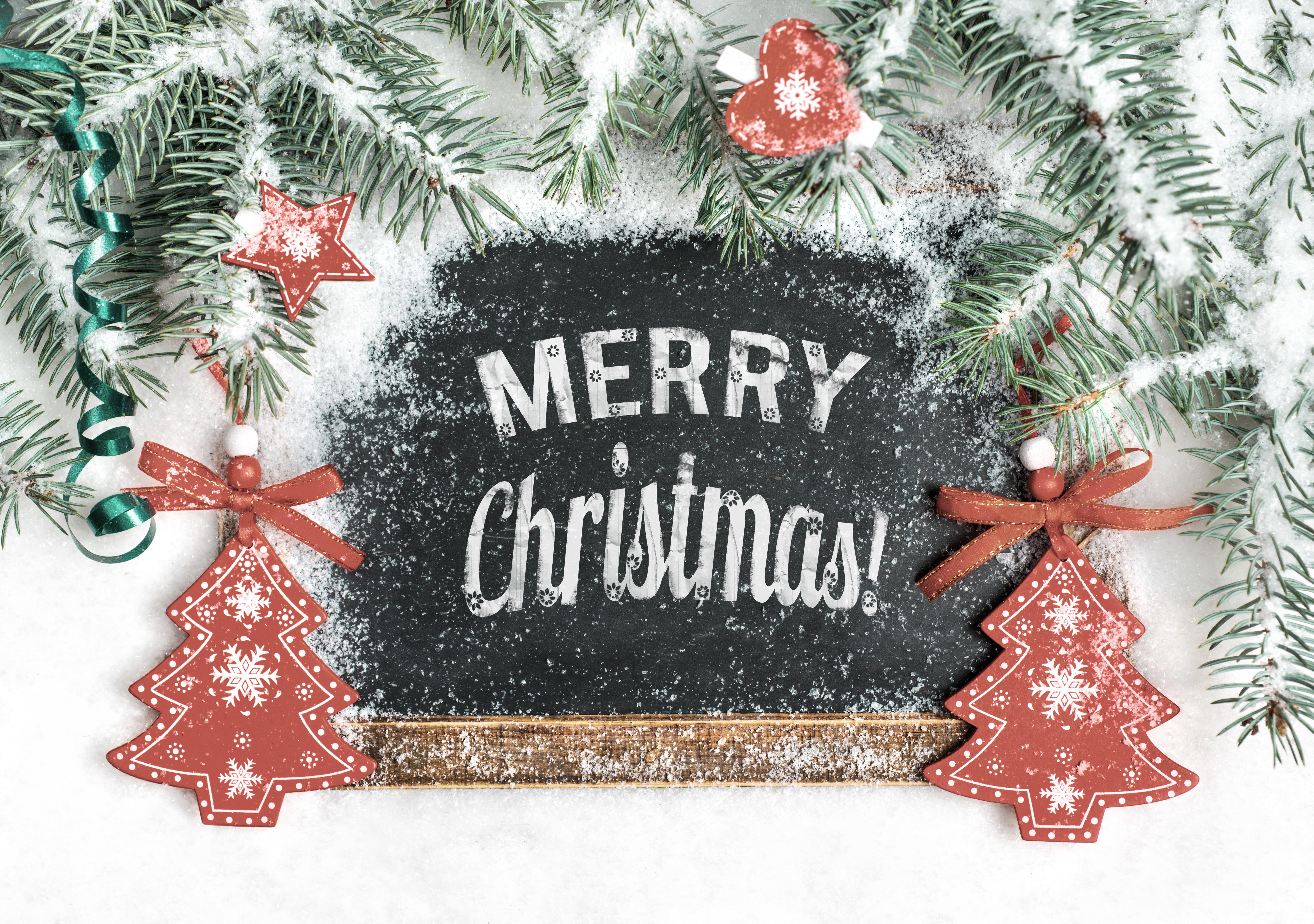 Merry Christmas chalkboard with pine branches and ornaments HD Wallpaper