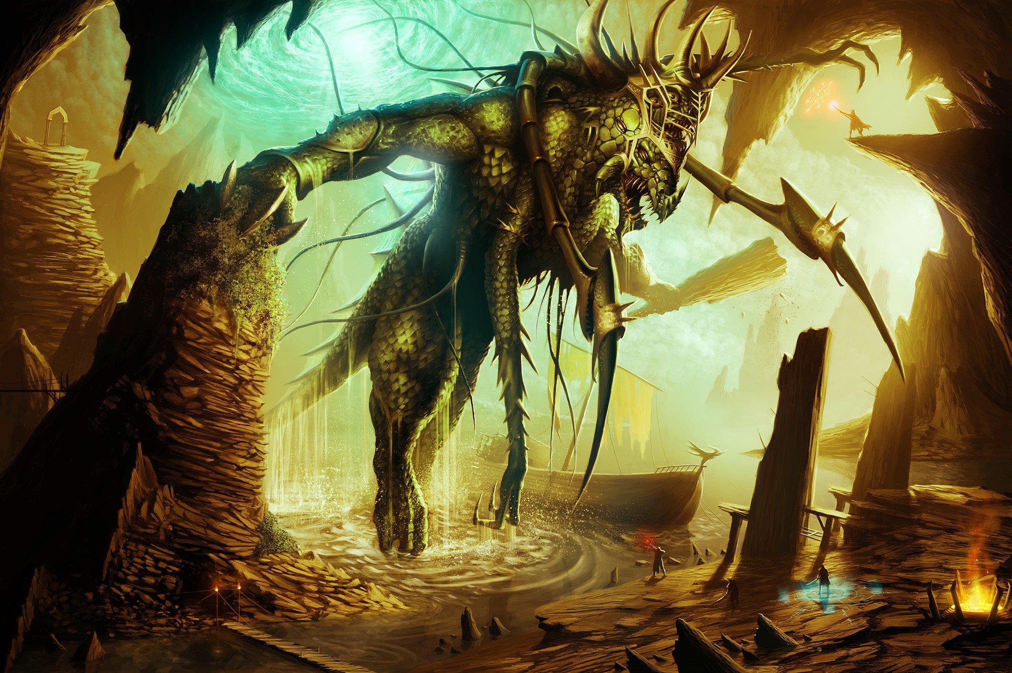 Vetehinen monster in a cave with a boat and wizards HD Wallpaper