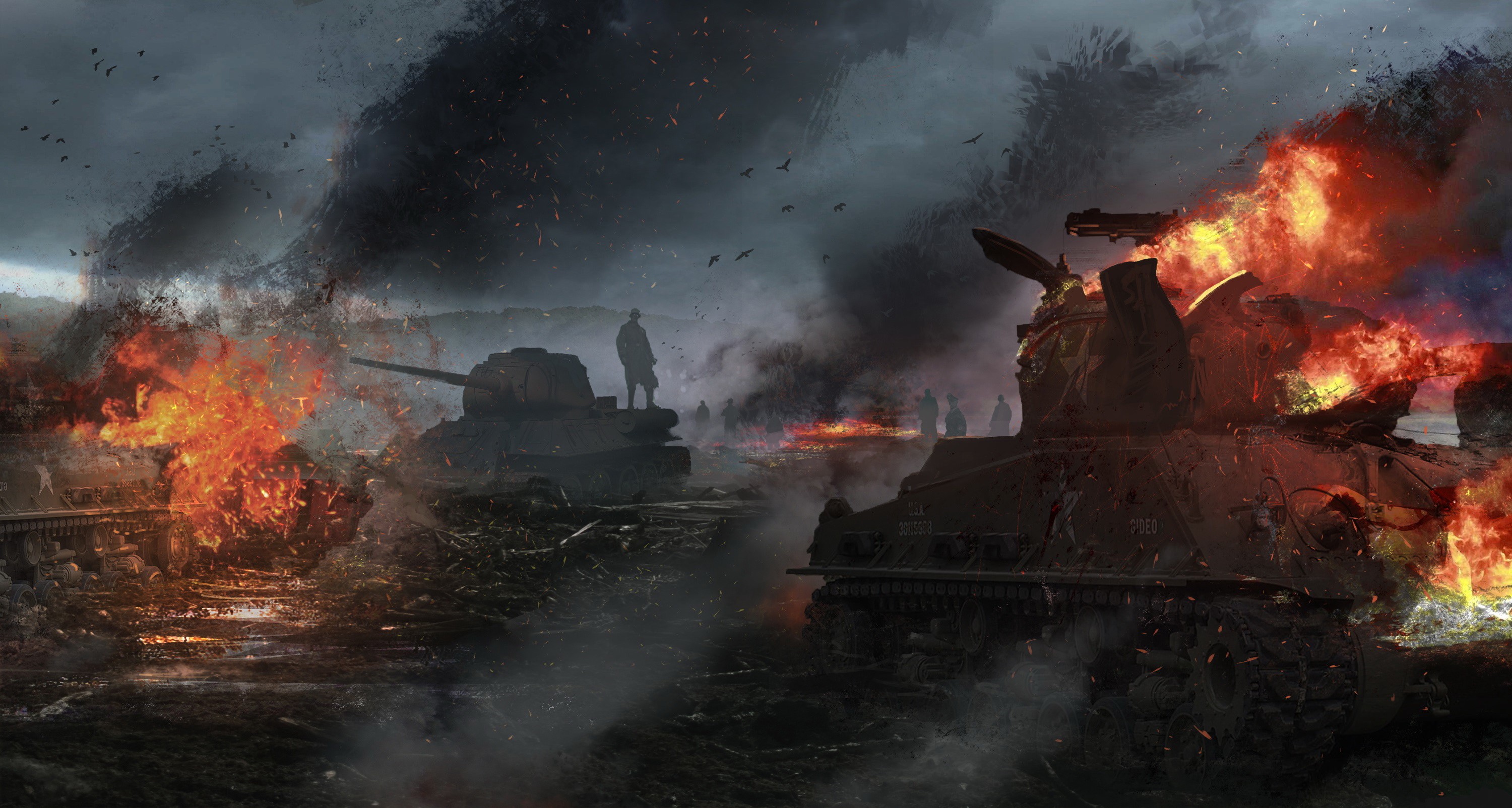 T-34-85 and M4 Sherman tanks in battle with fire HD Wallpaper