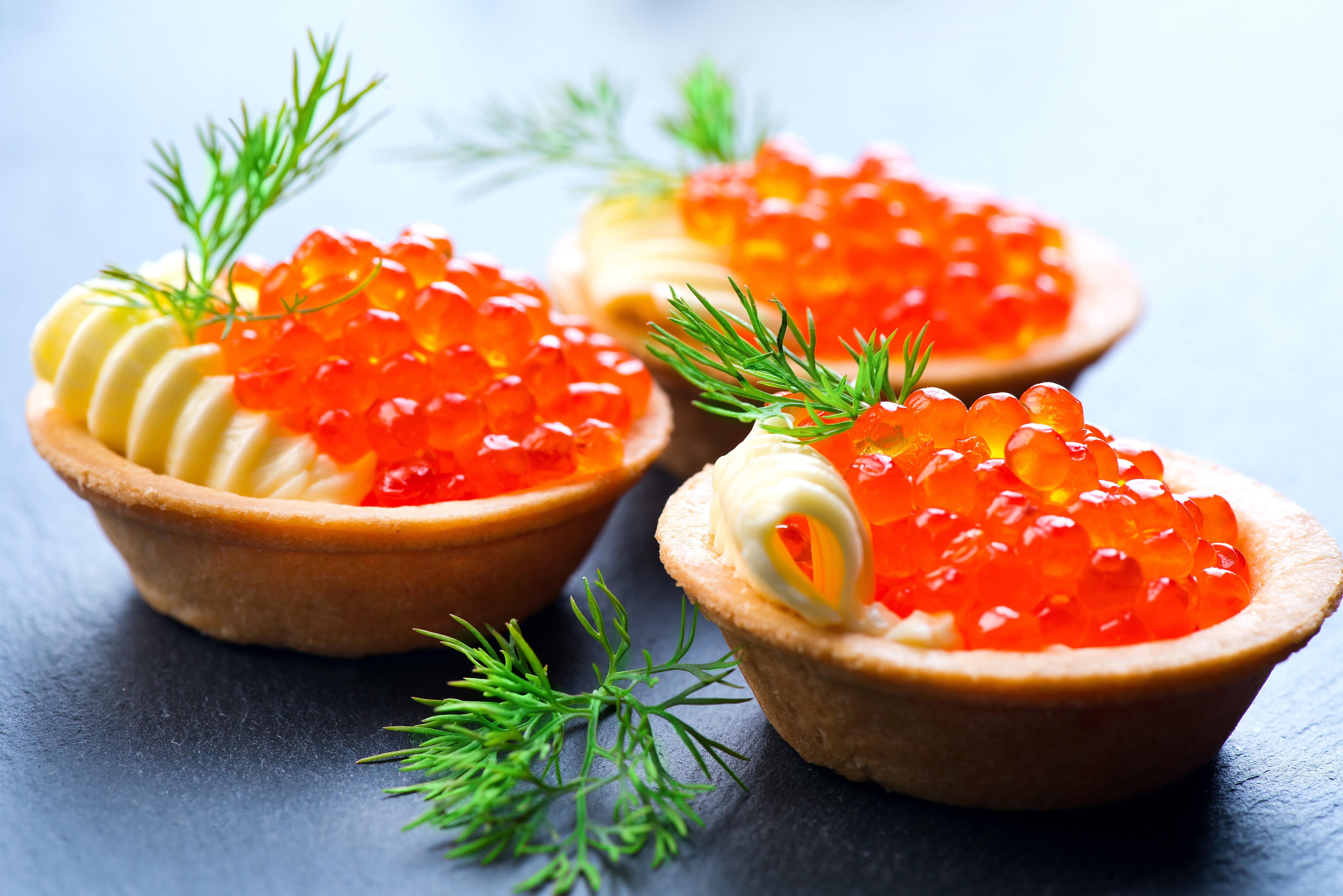 Three Caviar Tartlets with Butter and Dill HD Wallpaper