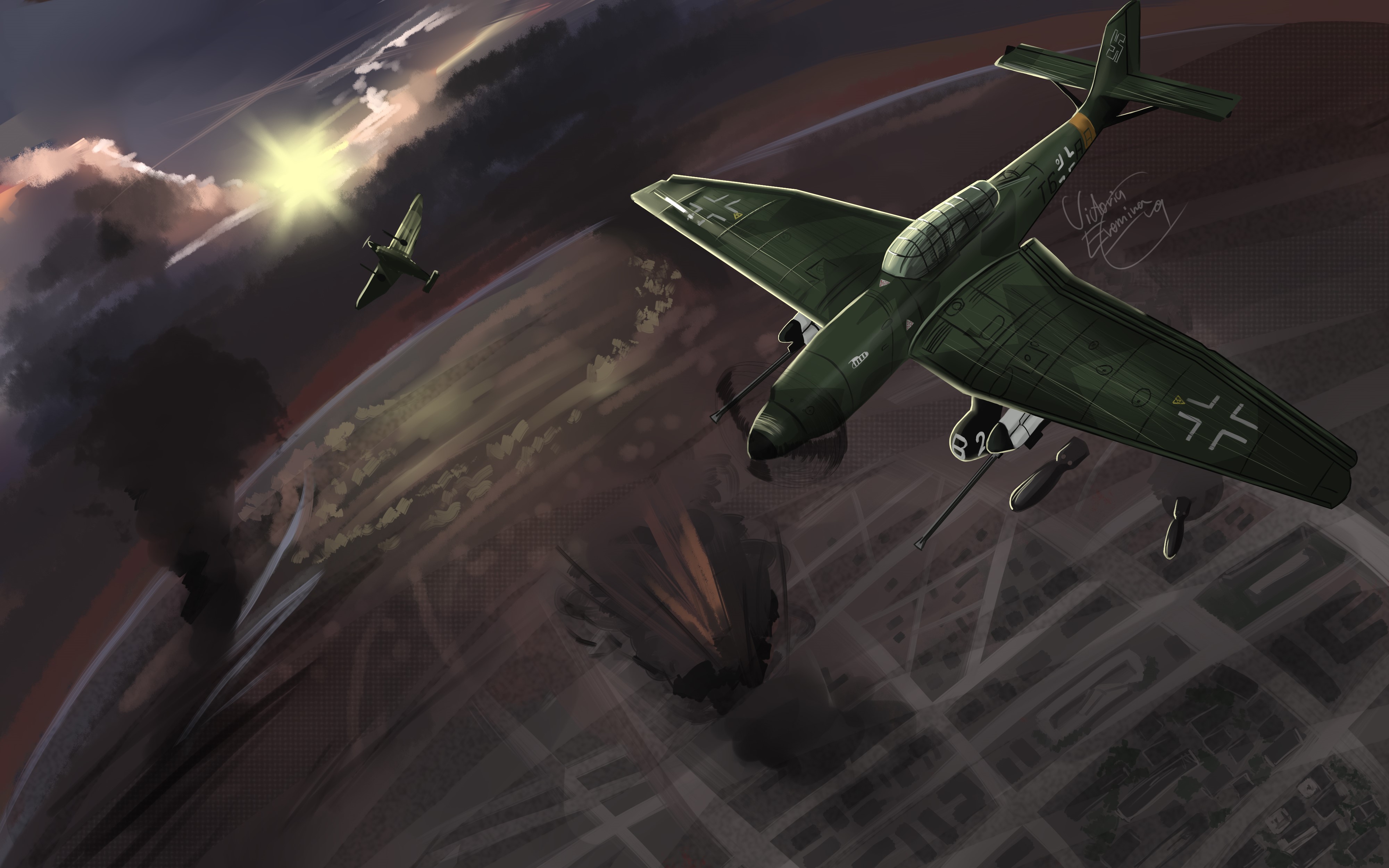 German Stuka dive bombers over a city HD Wallpaper