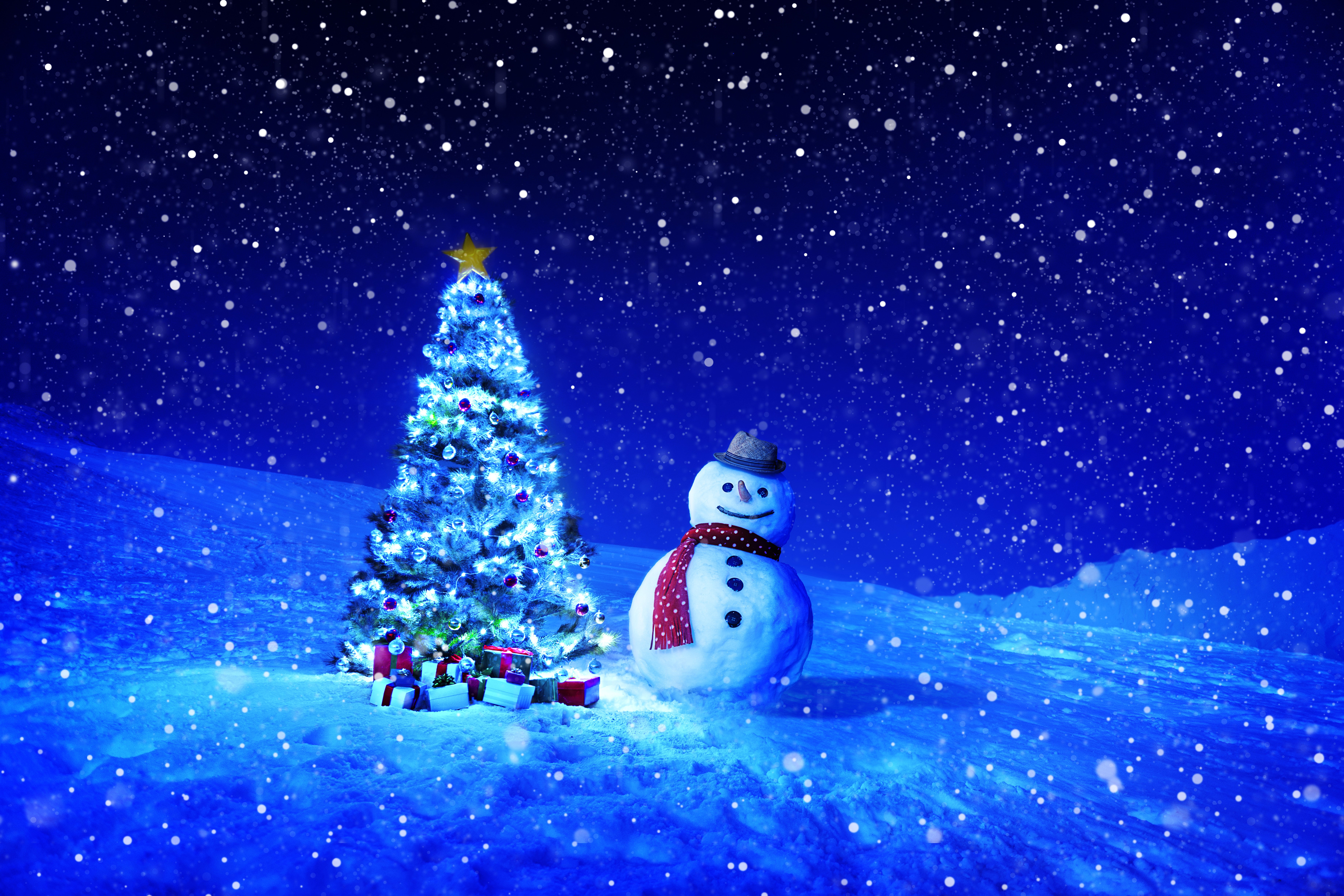 Christmas tree and snowman in a snowy landscape HD Wallpaper
