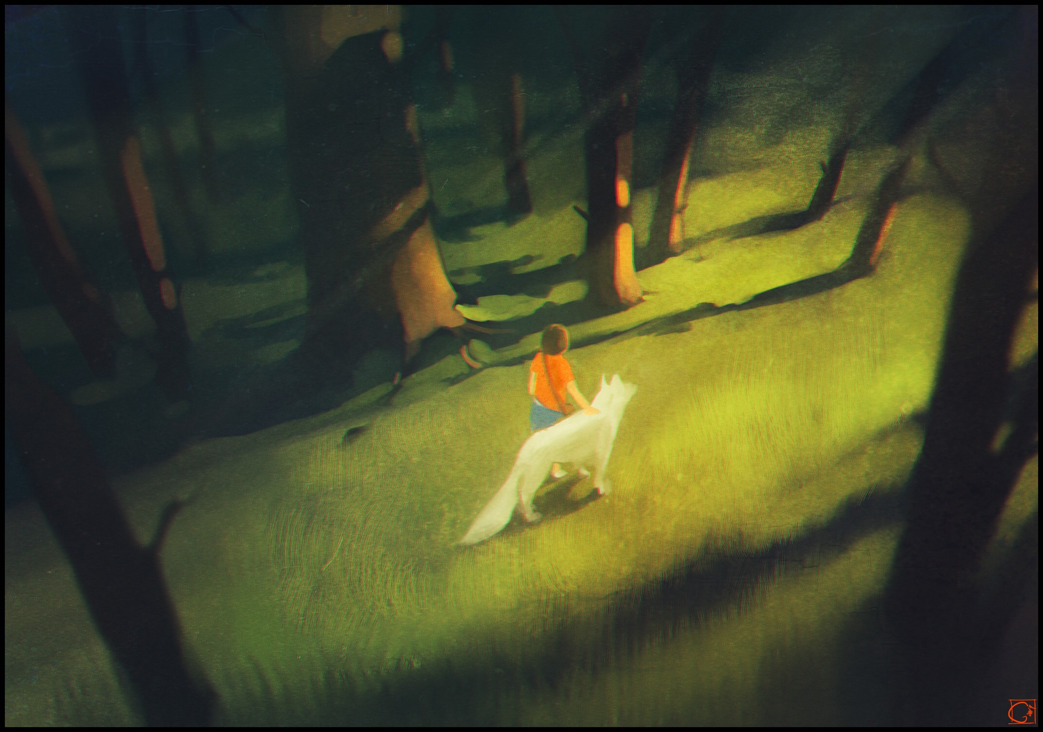 A child and a white wolf in a forest HD Wallpaper