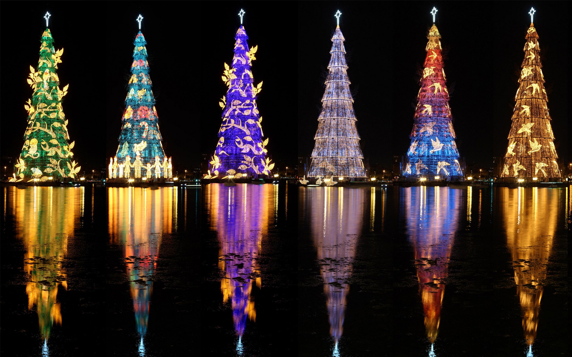 Floating Christmas trees with lights on Rodrigo de Freitas Lagoon HD Wallpaper