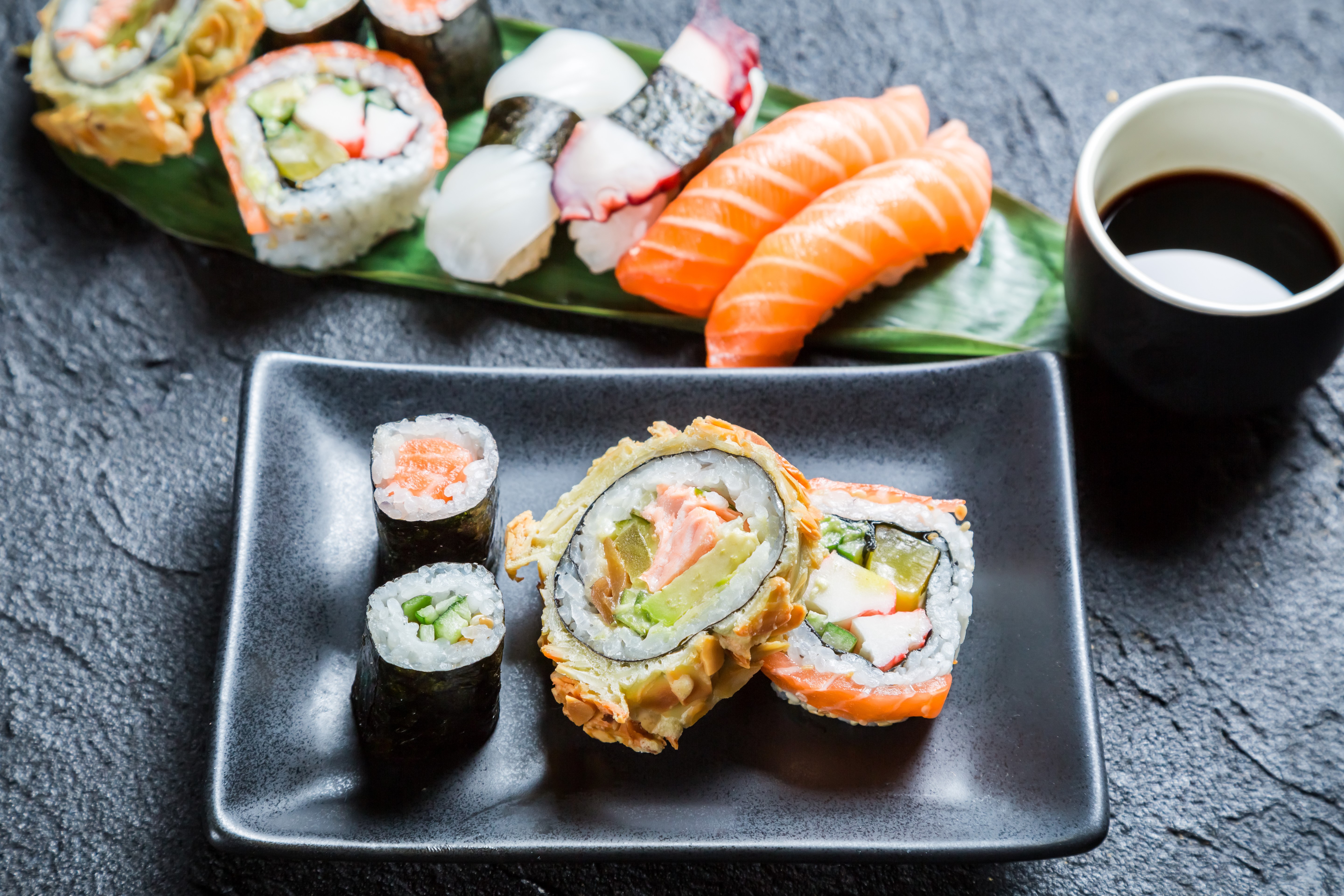 Sushi and Sashimi Platter with Soy Sauce HD Wallpaper
