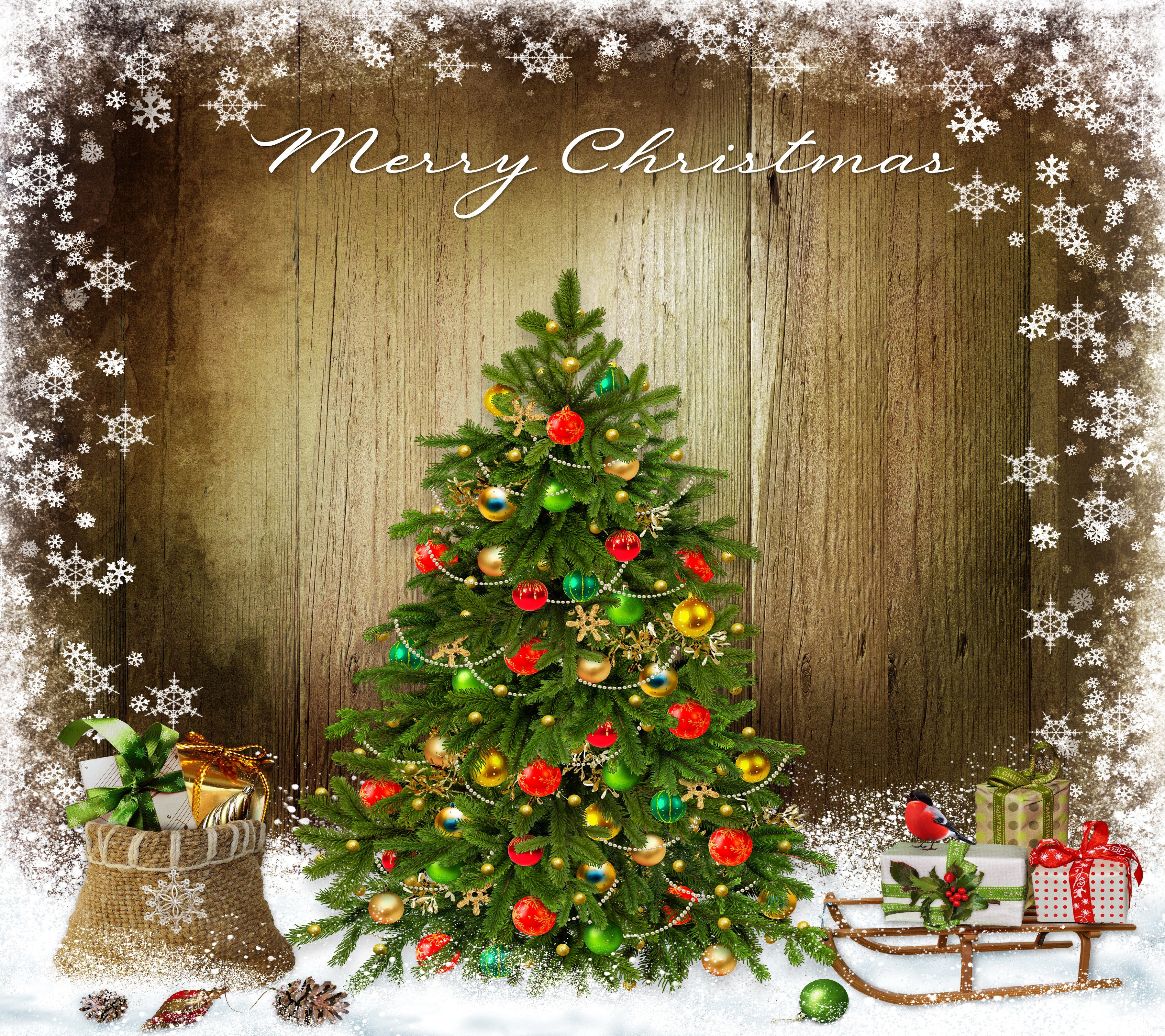 Merry Christmas decorated tree with gifts and snowflakes HD Wallpaper