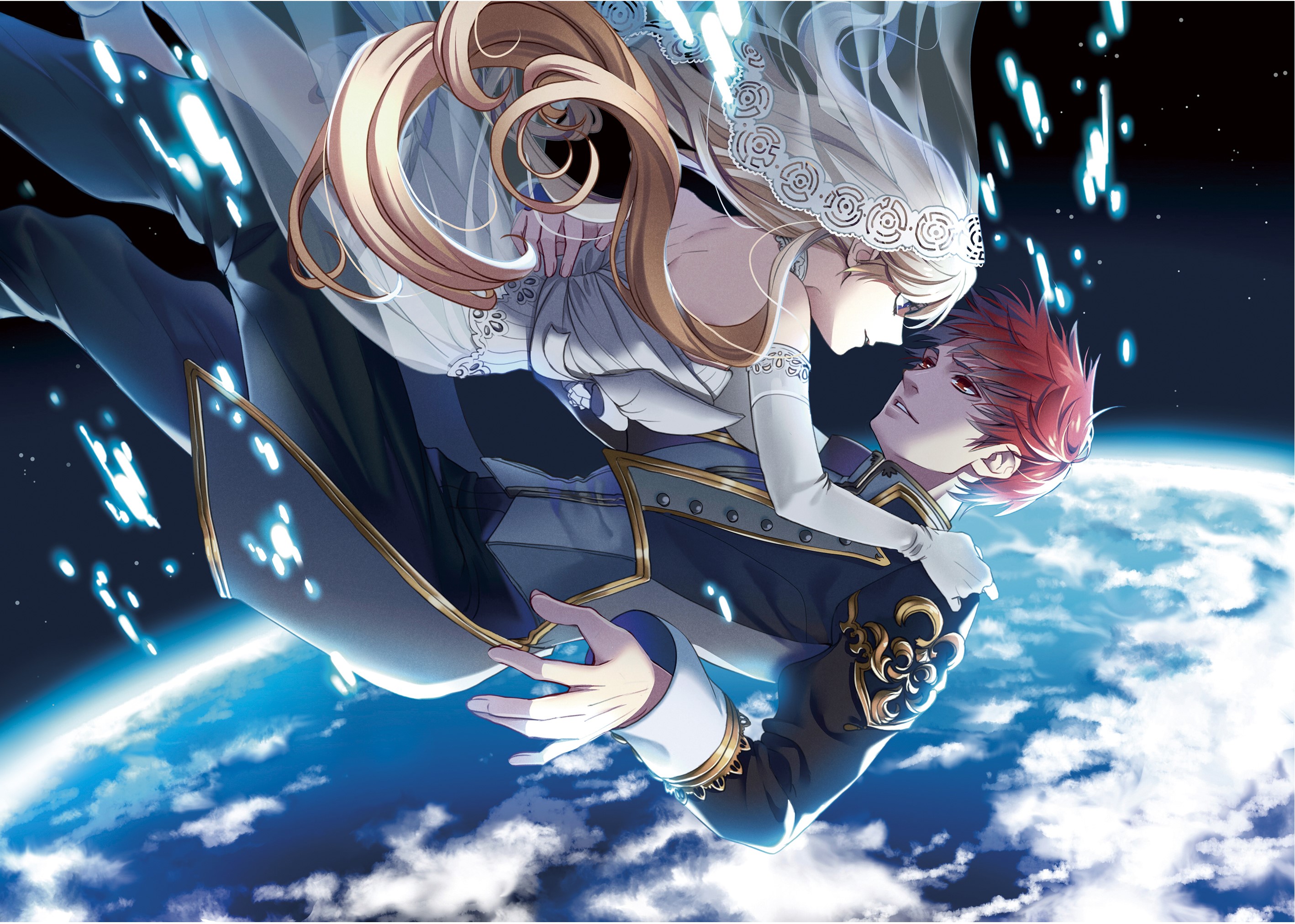 Couple in wedding attire floating above planet HD Wallpaper
