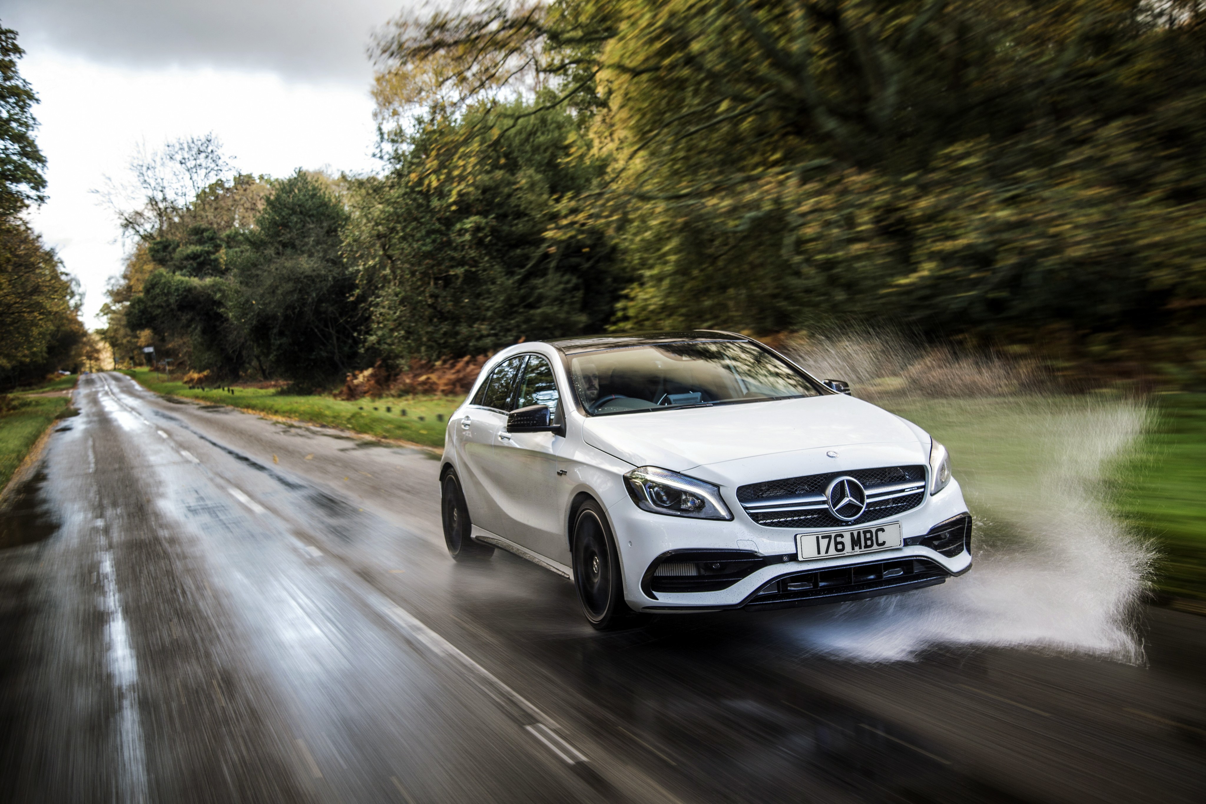 White Mercedes-Benz AMG A-Class W176 on Wet Road HD Wallpaper