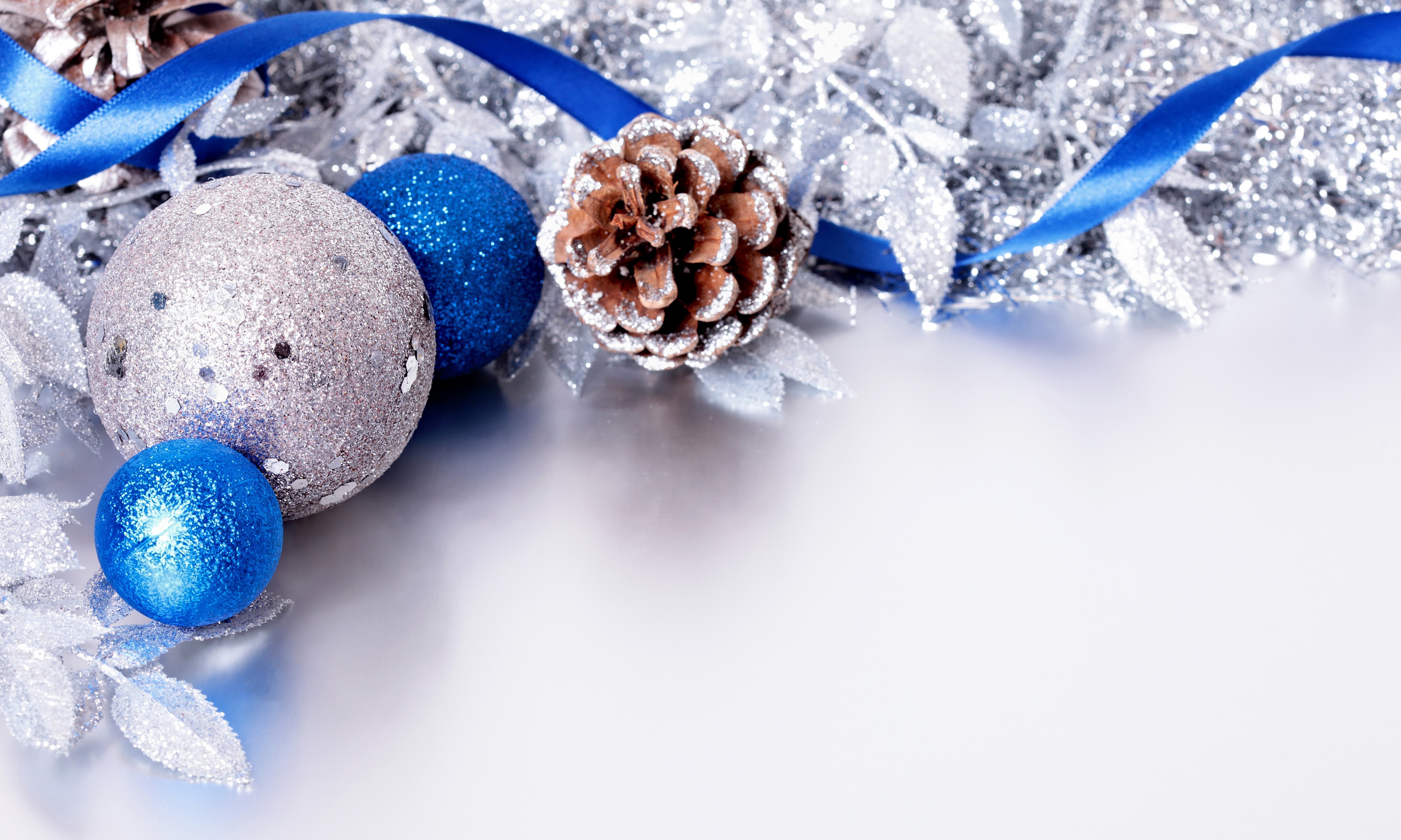 Christmas balls and pine cone with blue ribbon HD Wallpaper