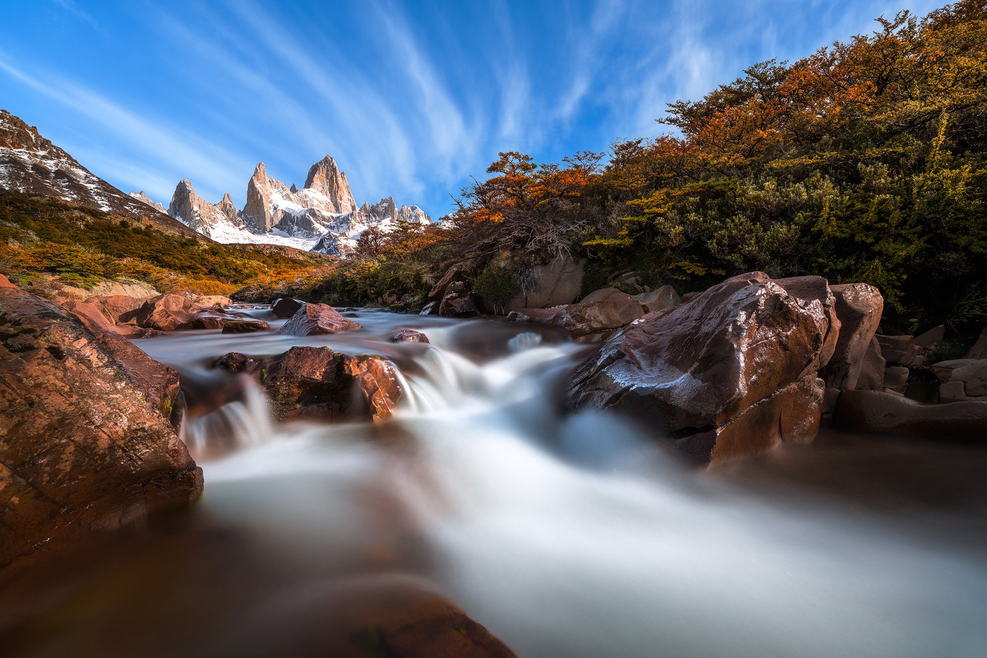 Fitz Roy Mountains and River in Patagonia HD Wallpaper