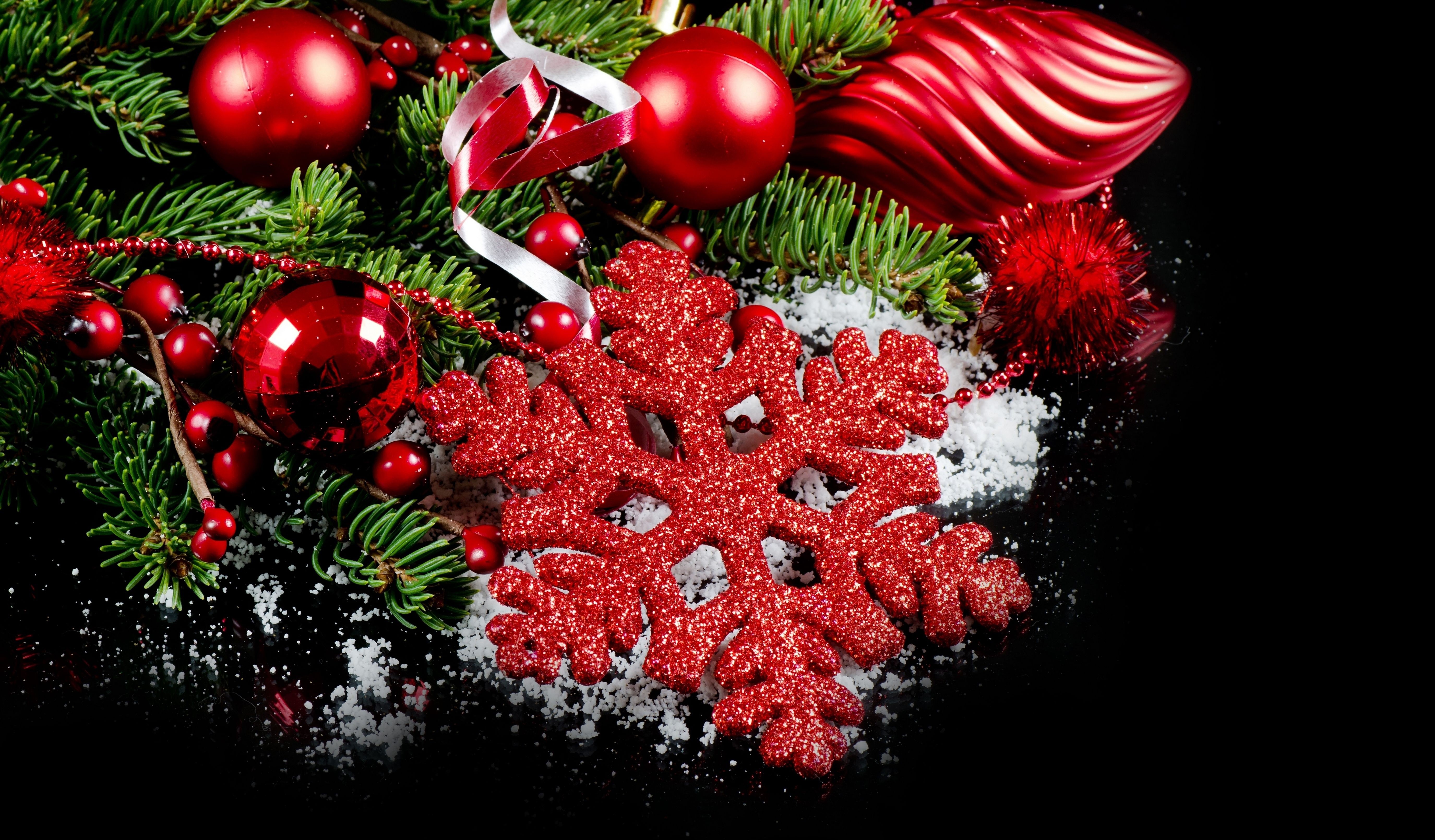 Christmas ornaments with fir branches and snow HD Wallpaper