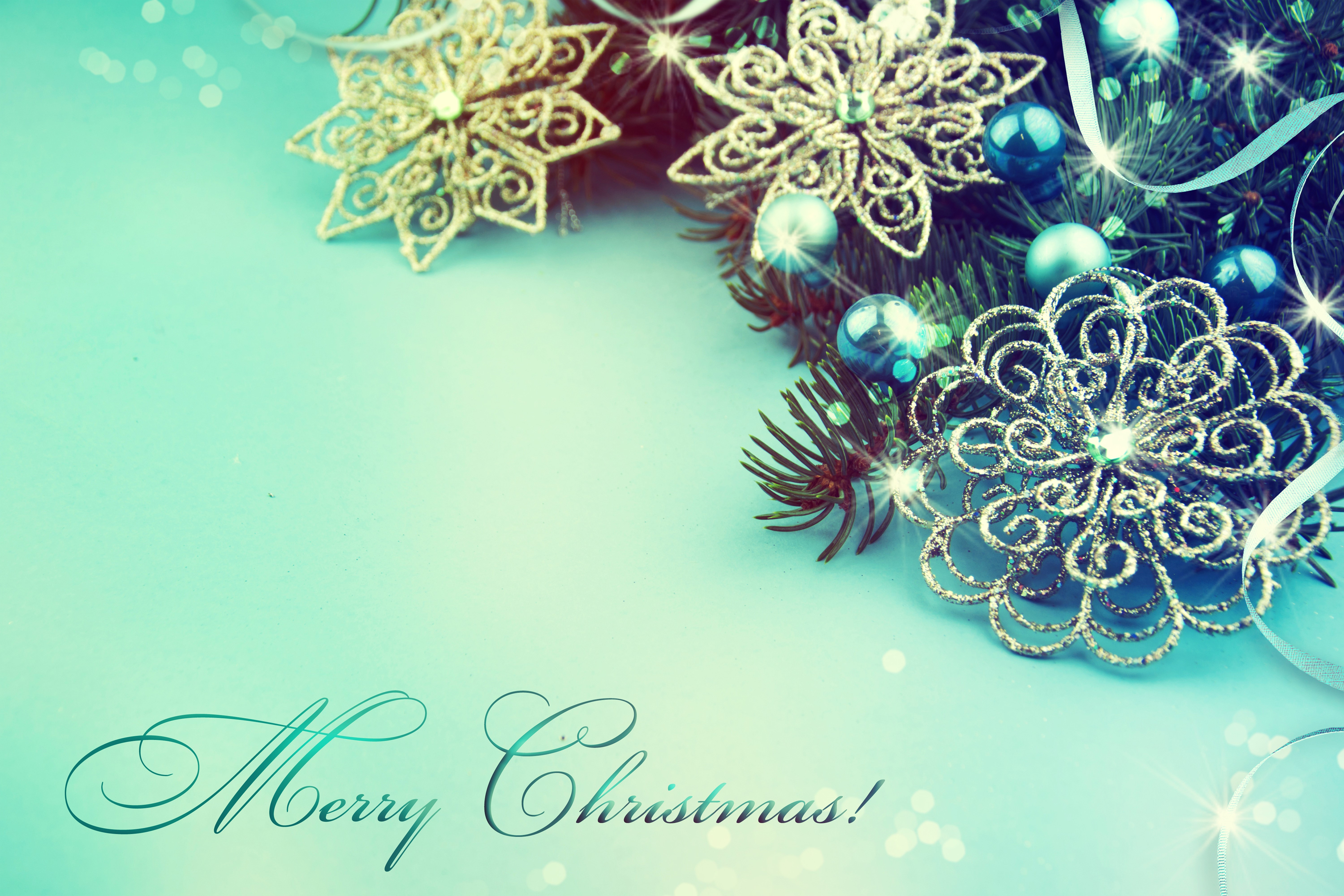Christmas Ornaments and Pine Branches HD Wallpaper