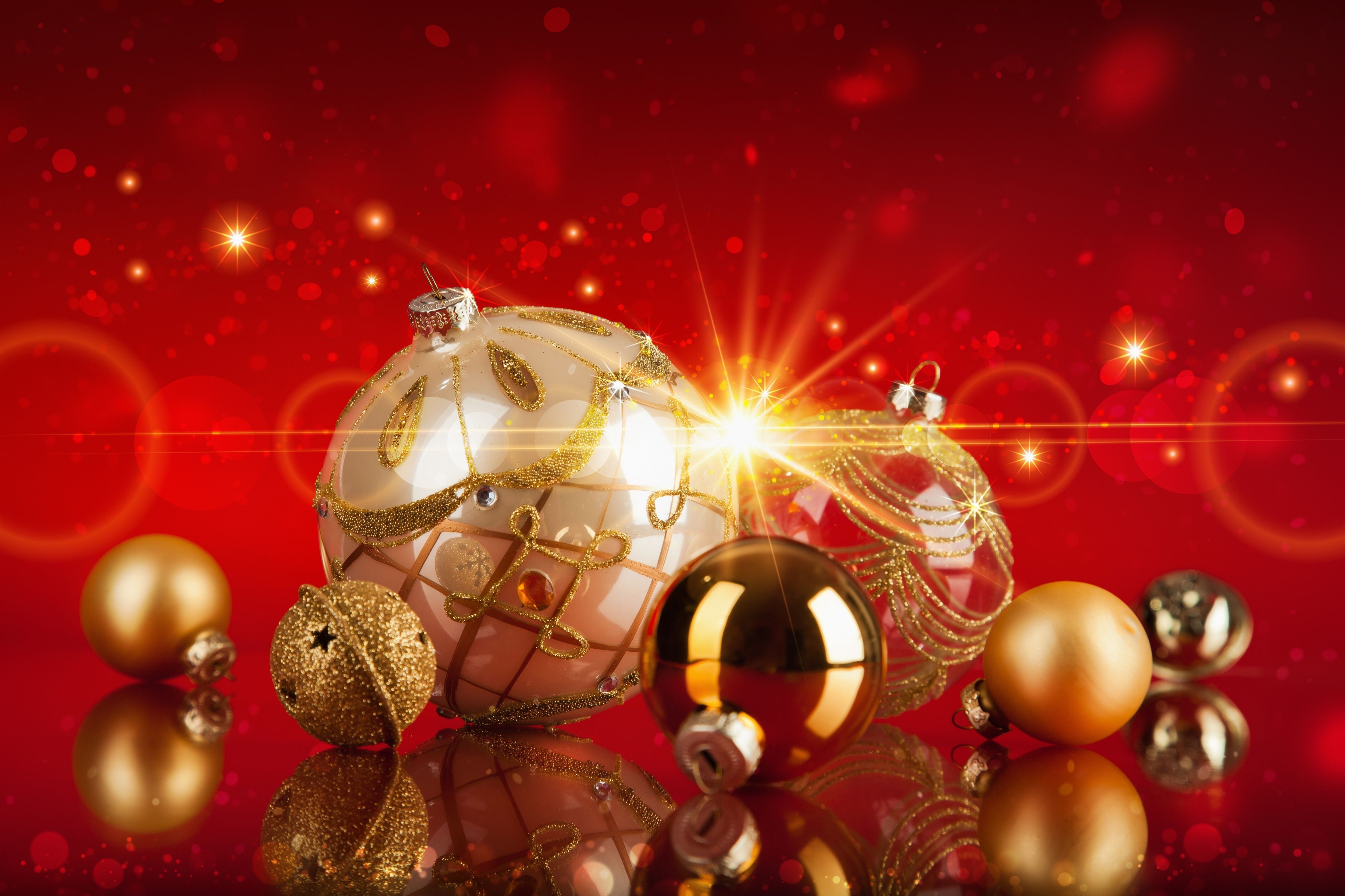 Christmas Ornaments on Red Background HD Wallpaper