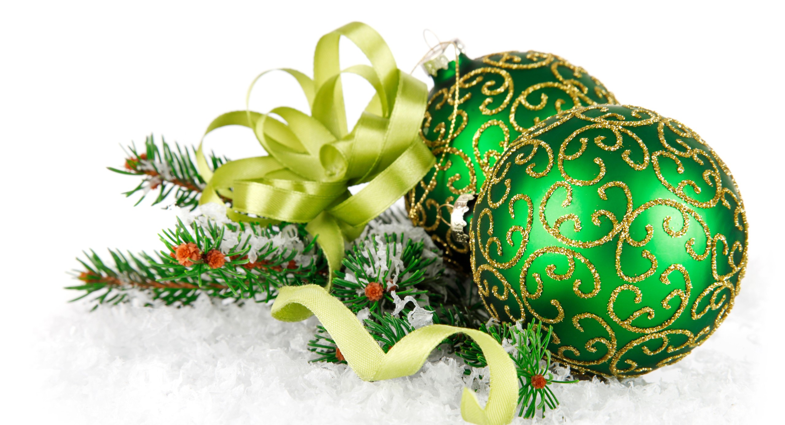 Green Christmas Ornaments with Ribbon and Pine Needles HD Wallpaper