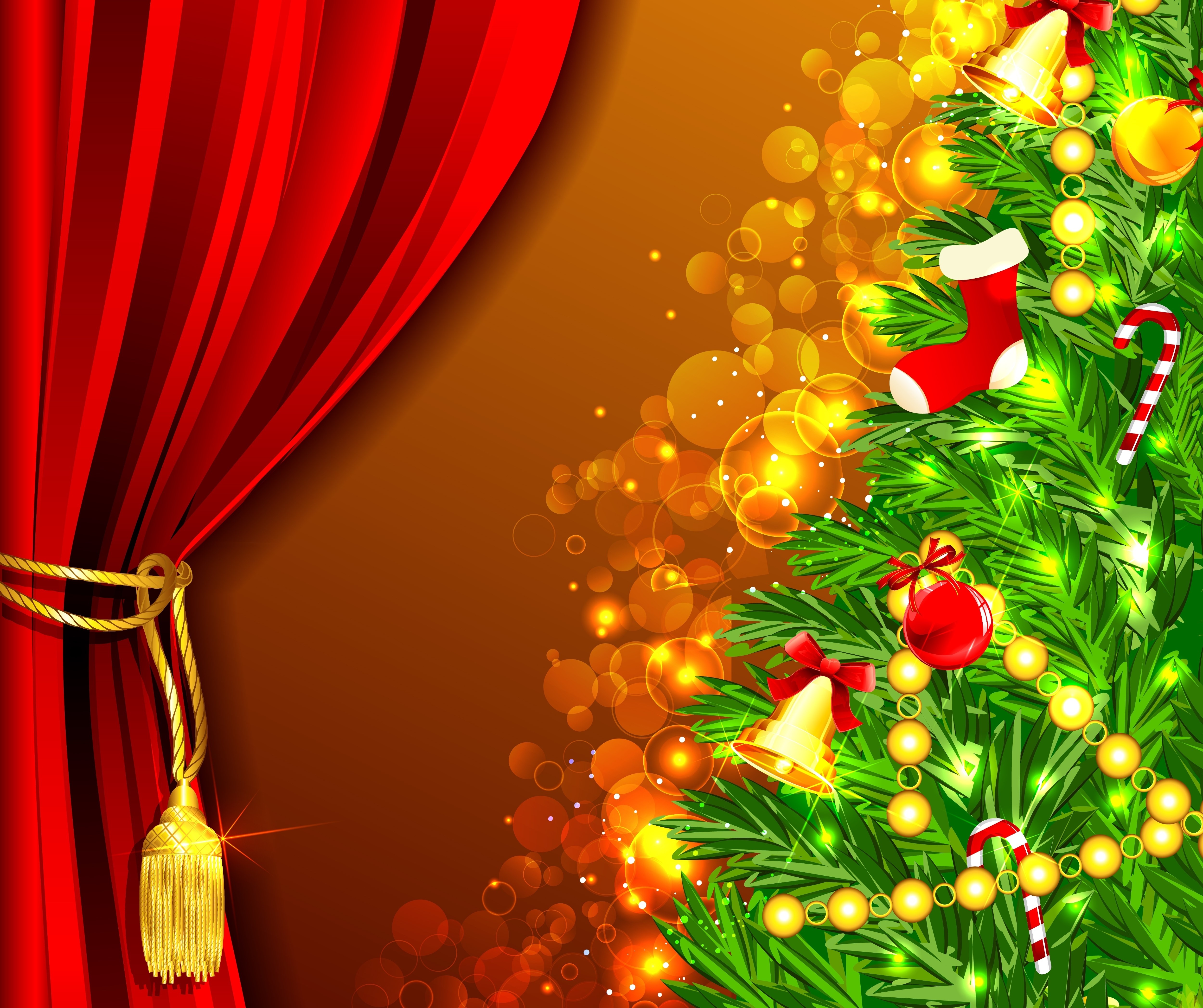 Christmas Tree with Decorations and Red Curtain HD Wallpaper