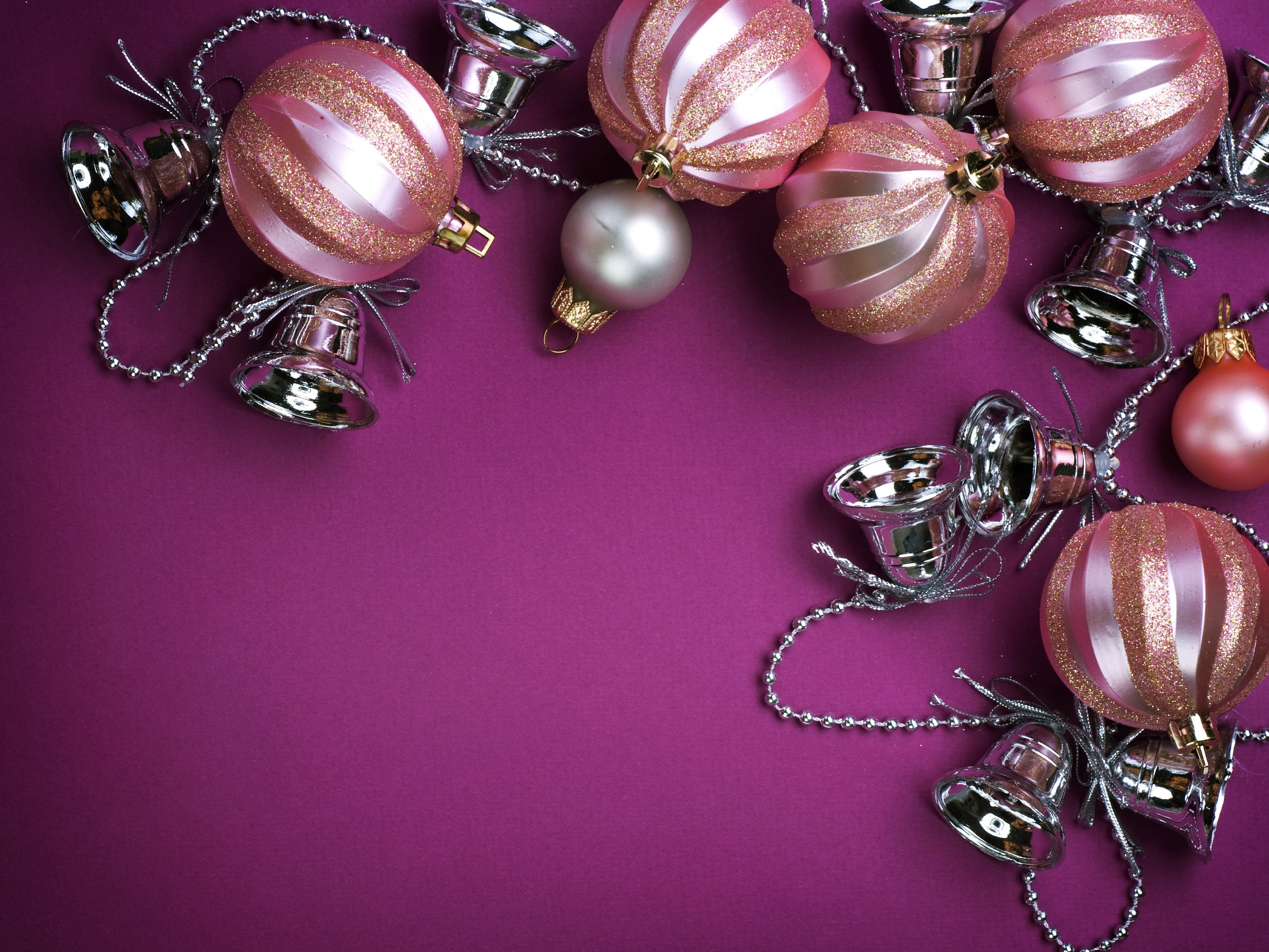 Christmas ornaments and bells on purple background HD Wallpaper