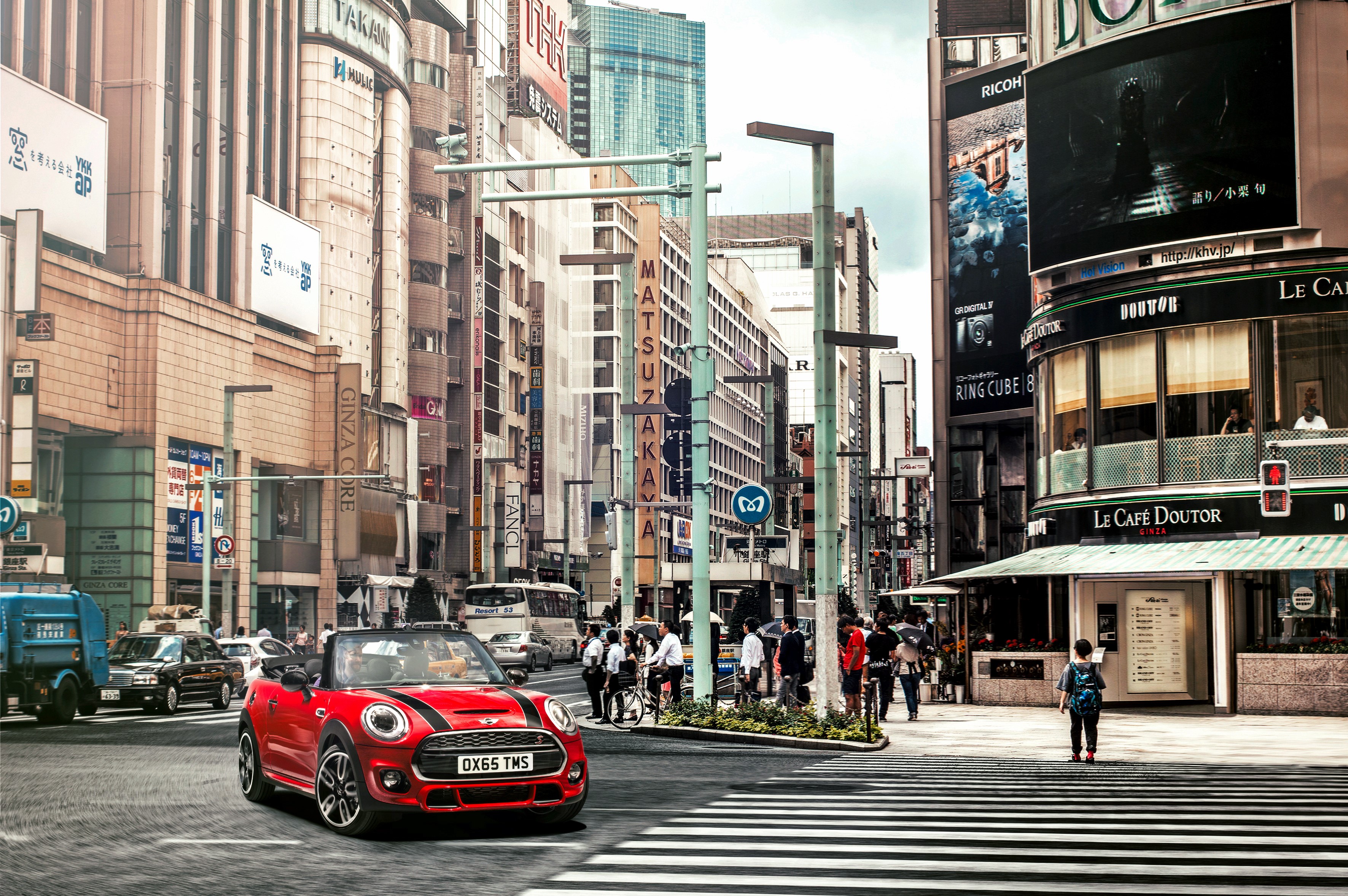 Red Mini Cooper S Cabriolet on Ginza Street, Tokyo HD Wallpaper