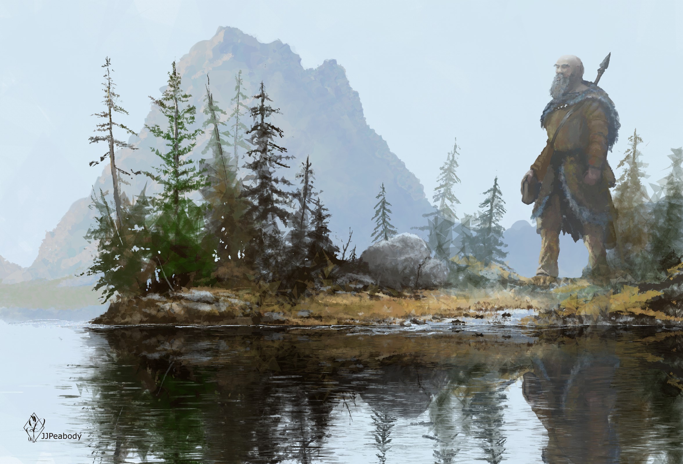 A man with a spear stands by a lake with mountains HD Wallpaper