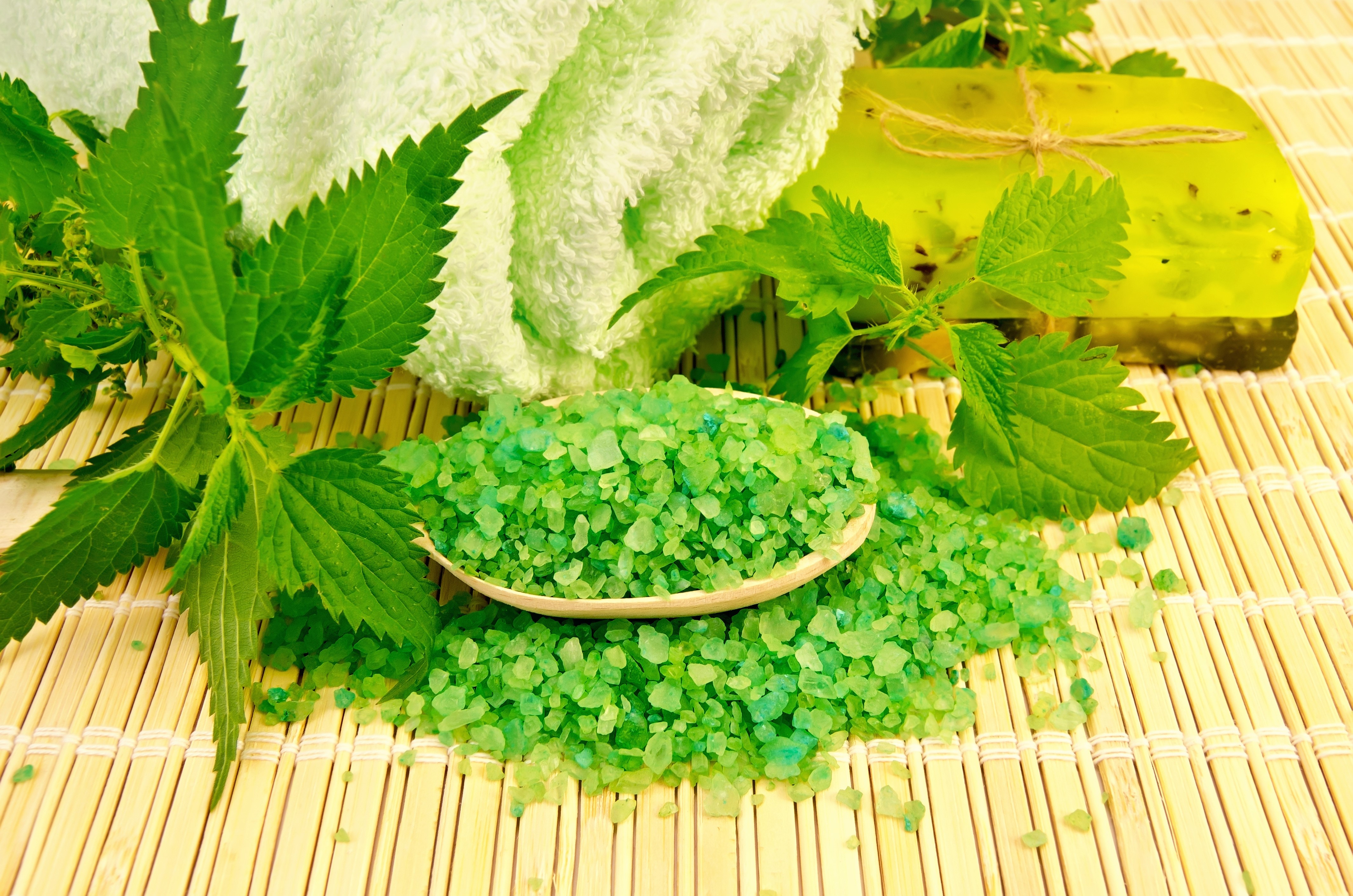Spa with green nettle, soap, and bath salts HD Wallpaper
