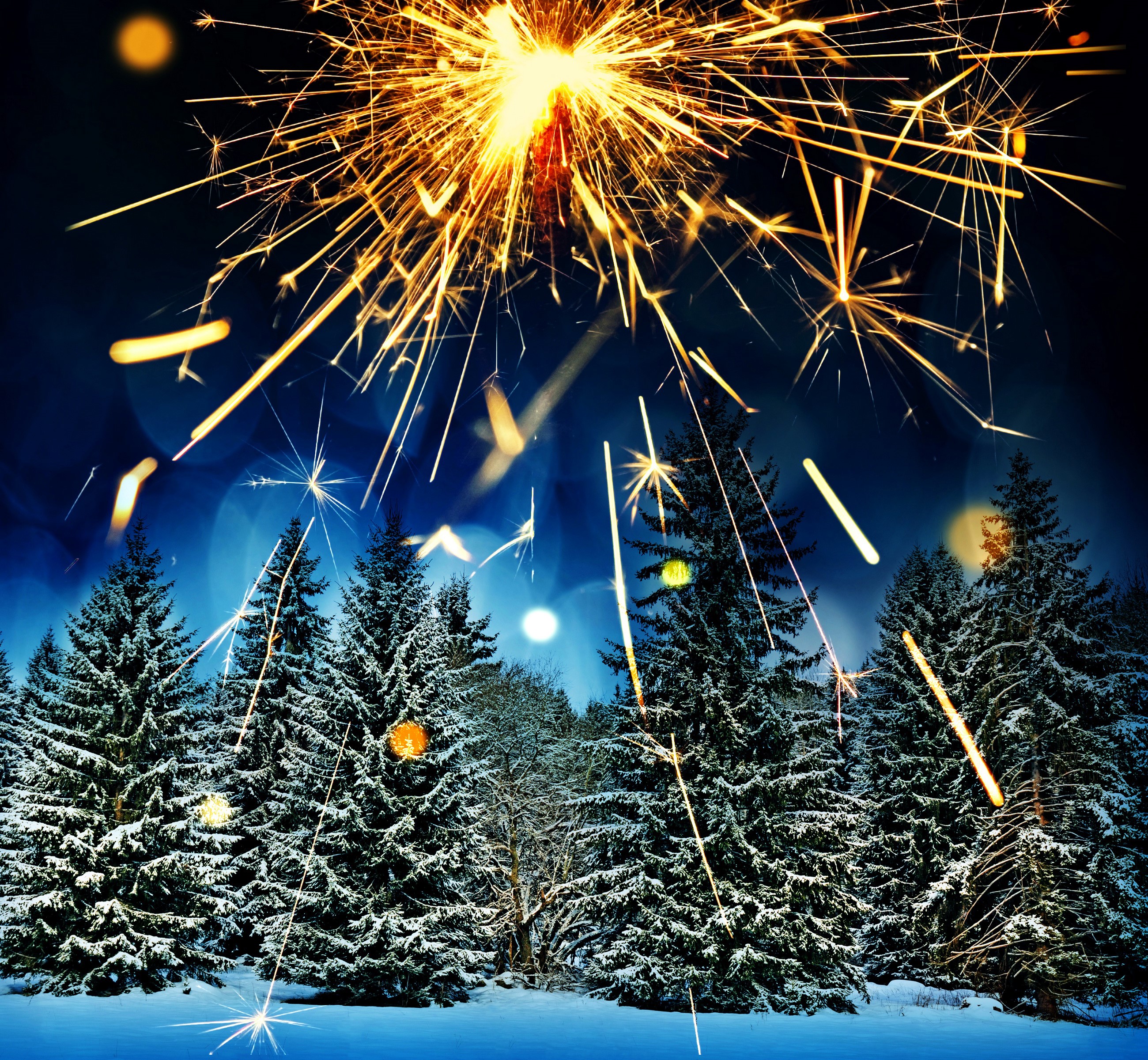 Sparklers over a snowy forest at night HD Wallpaper