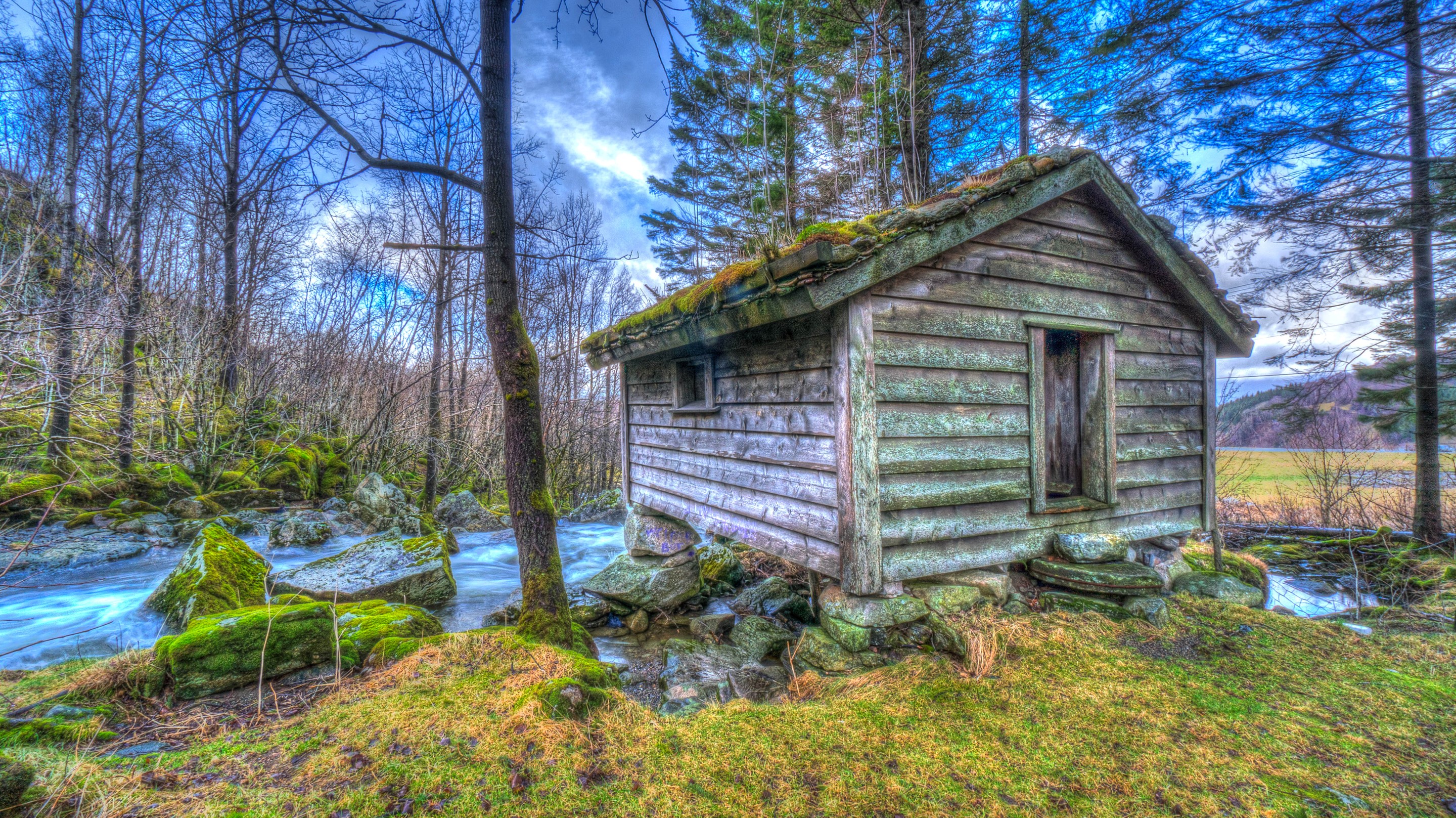 Wooden cabin by a river in a forest HD Wallpaper