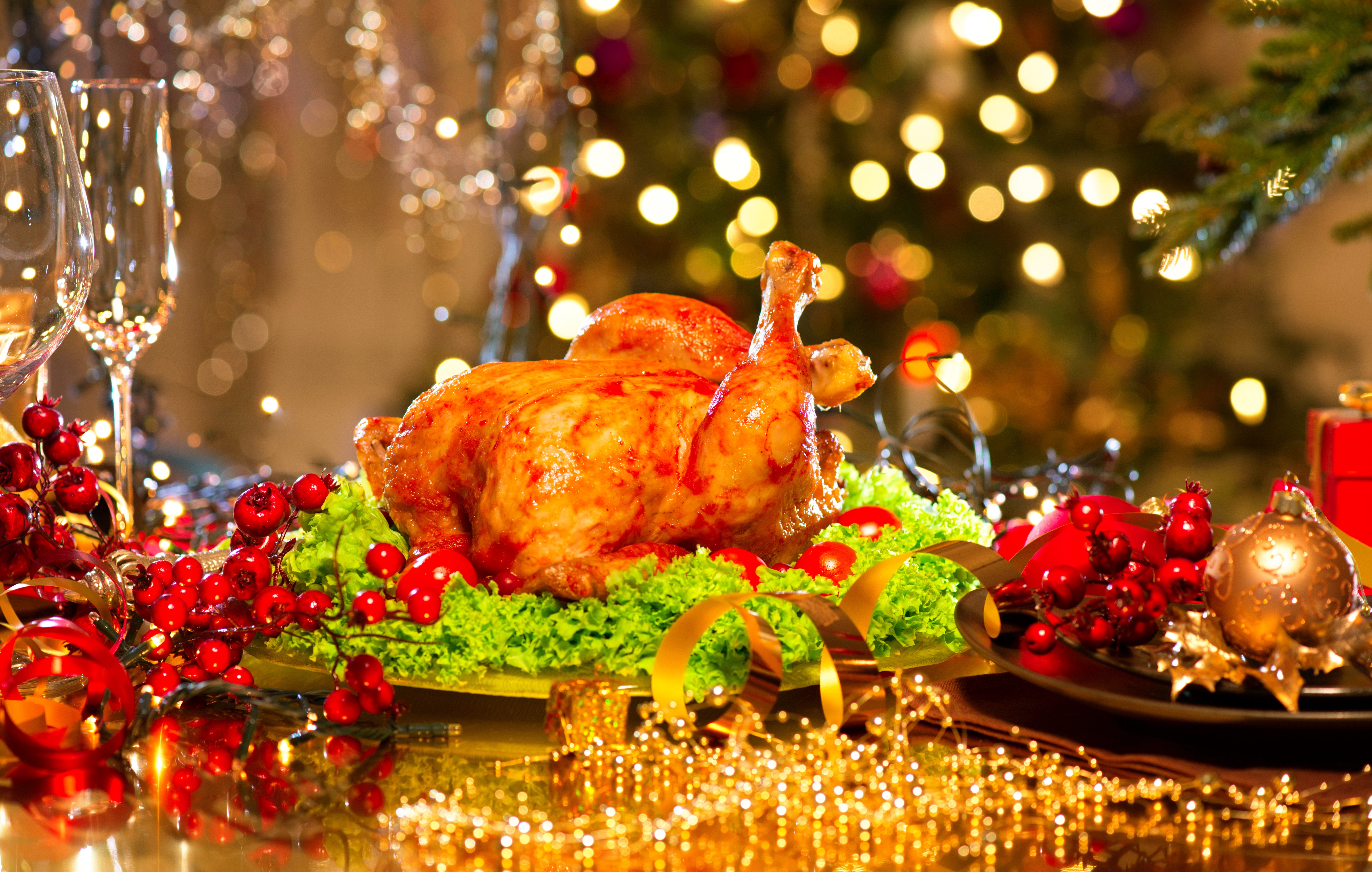 Christmas Roast Turkey Dinner with Decorations HD Wallpaper