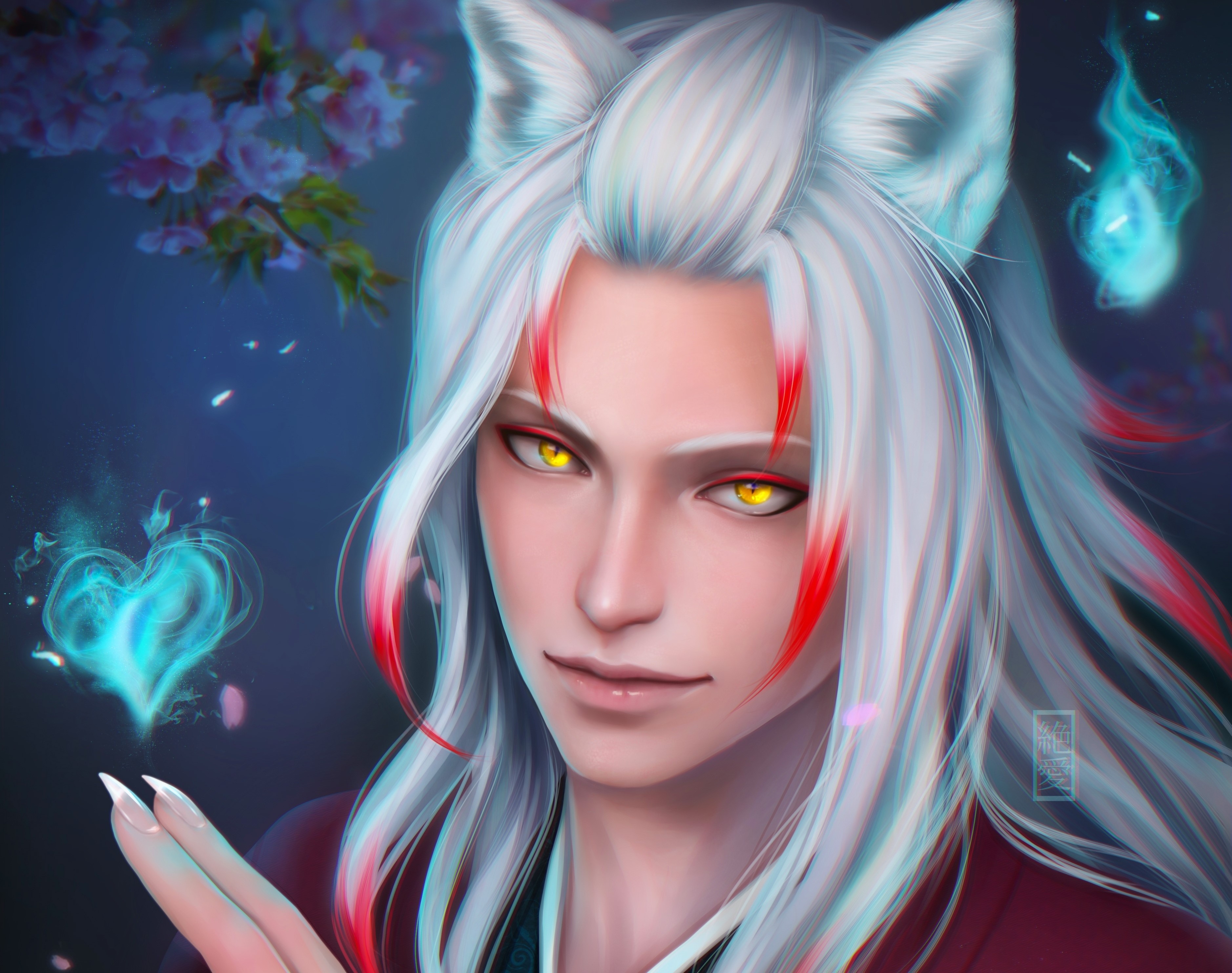 Yukio with fox ears and glowing blue heart HD Wallpaper
