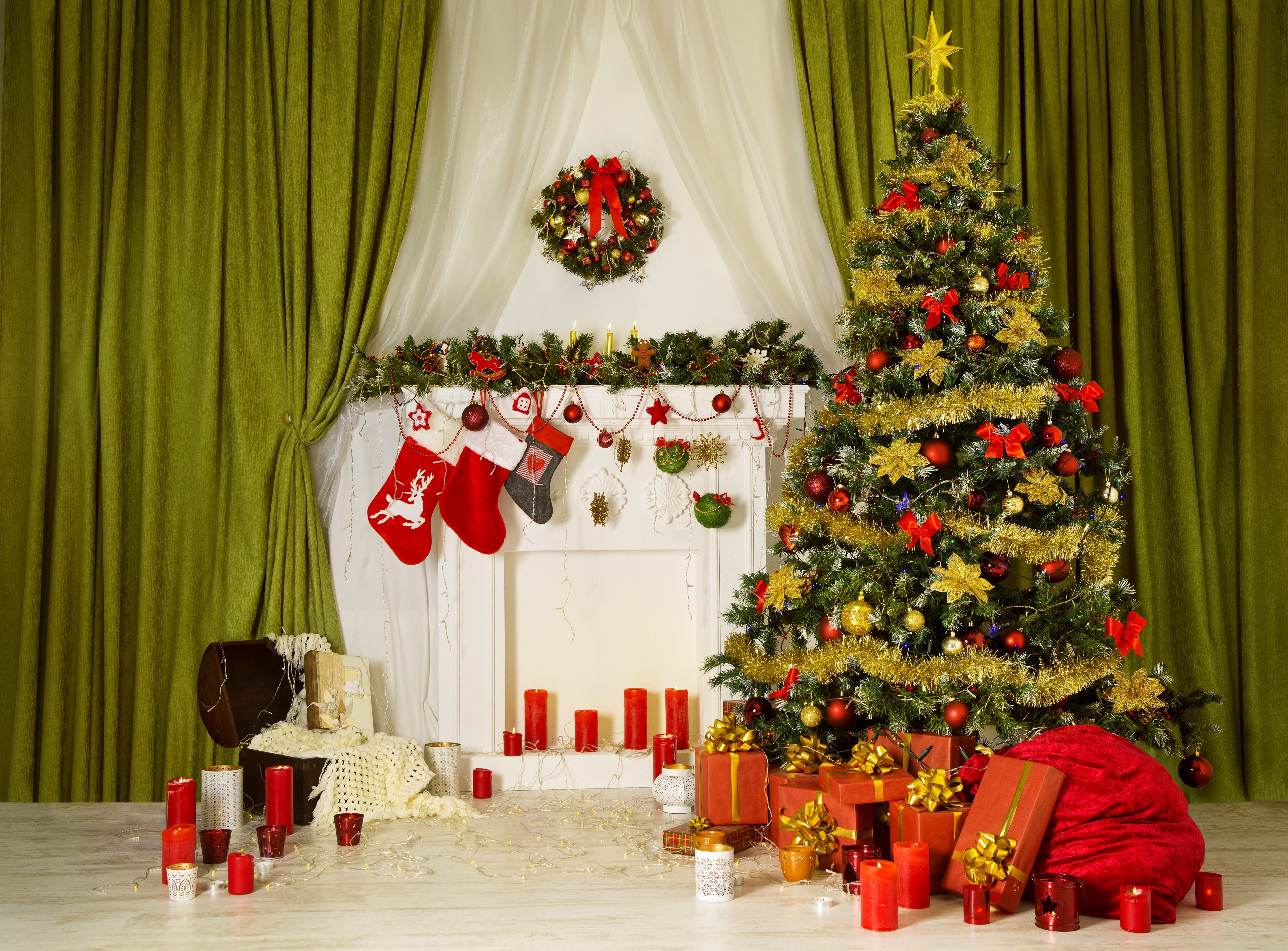 Christmas Tree and Fireplace with Gifts and Candles HD Wallpaper