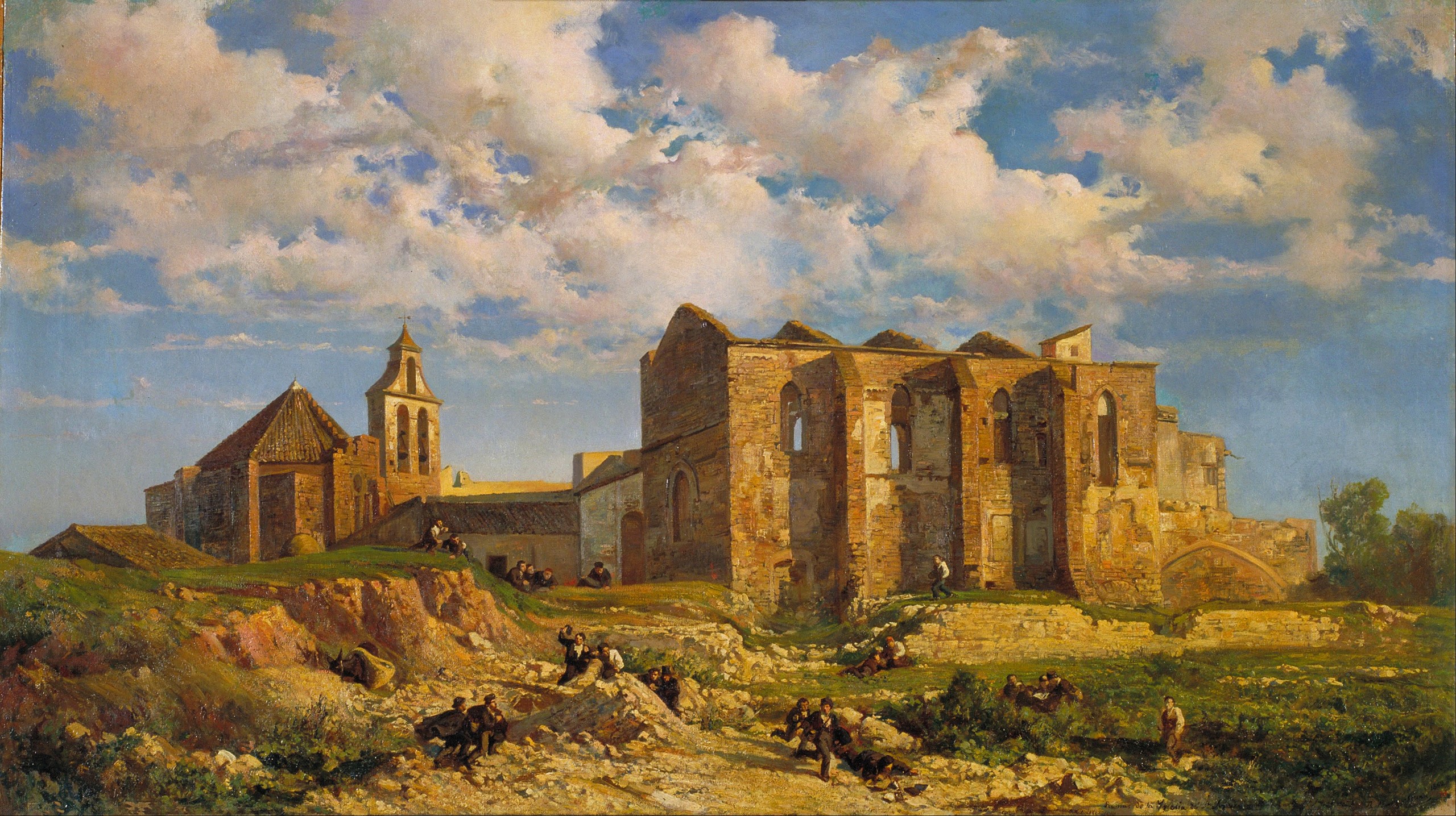 Ruins of a church and bell tower with people HD Wallpaper