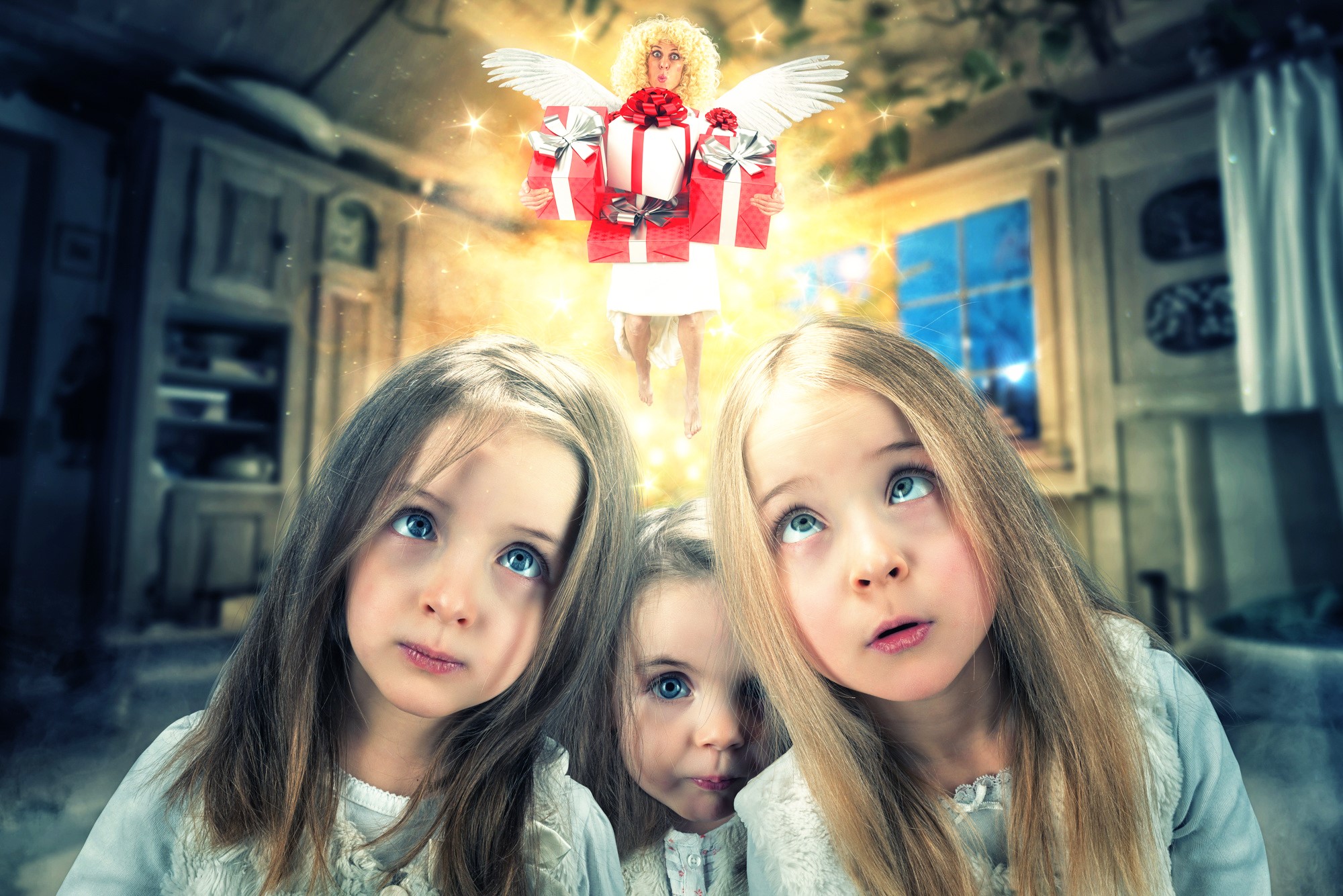 Angel with Gifts and Three Girls HD Wallpaper