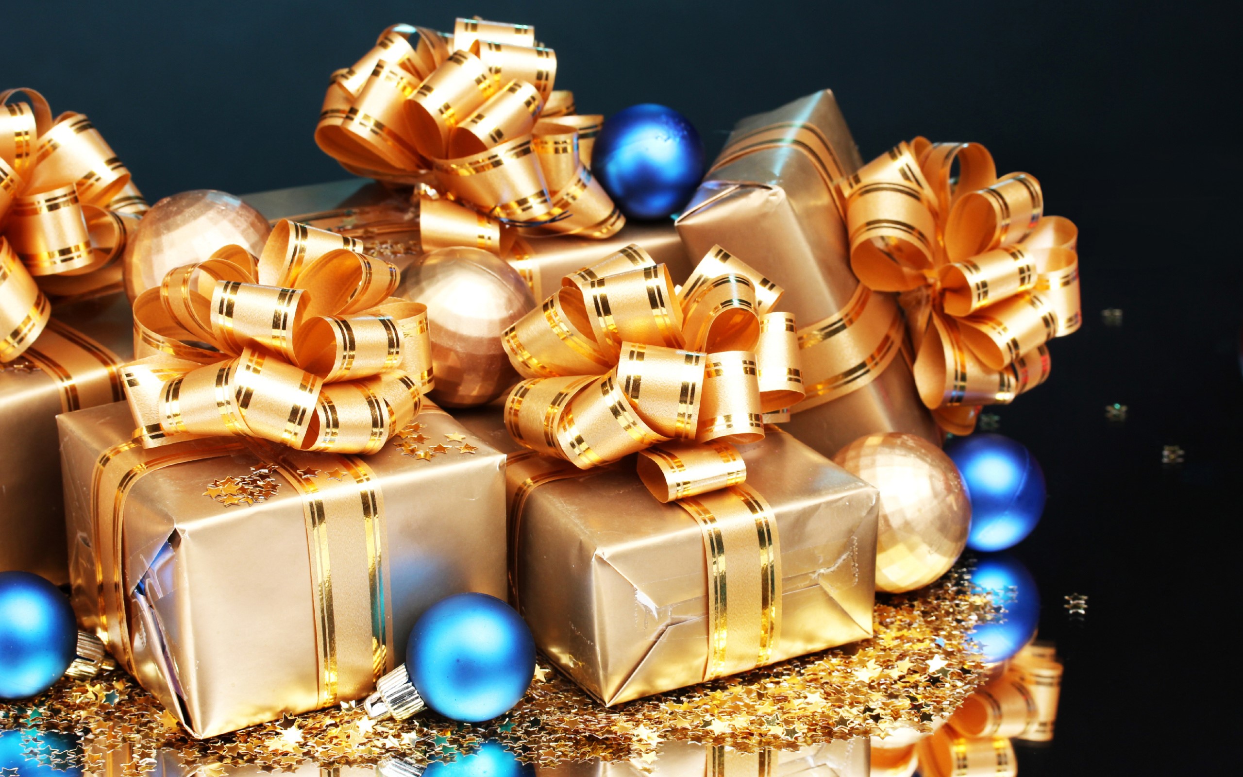 Gold Christmas Gifts with Blue Ornaments and Confetti HD Wallpaper