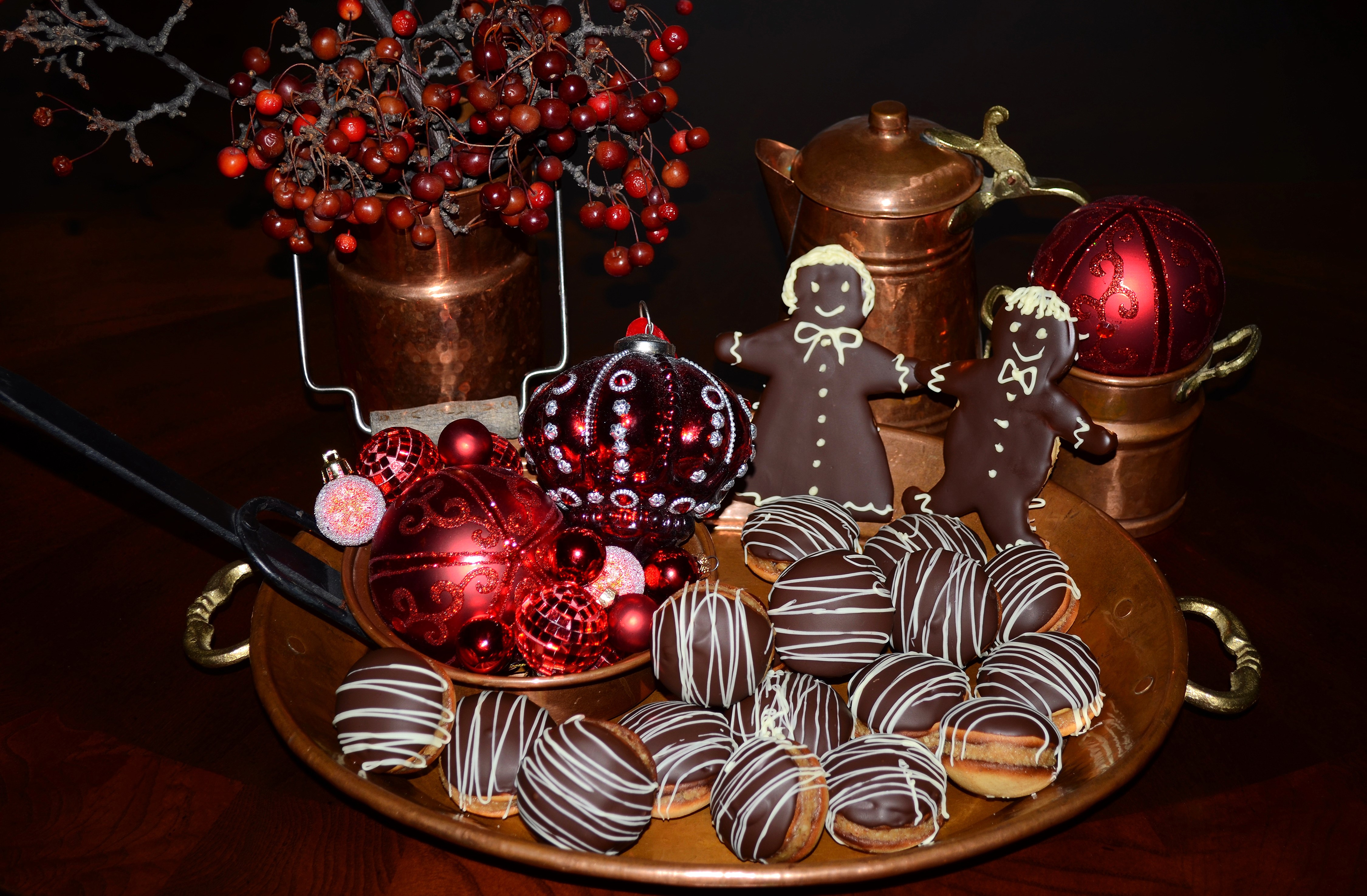 Christmas cookies and ornaments with copper decor HD Wallpaper