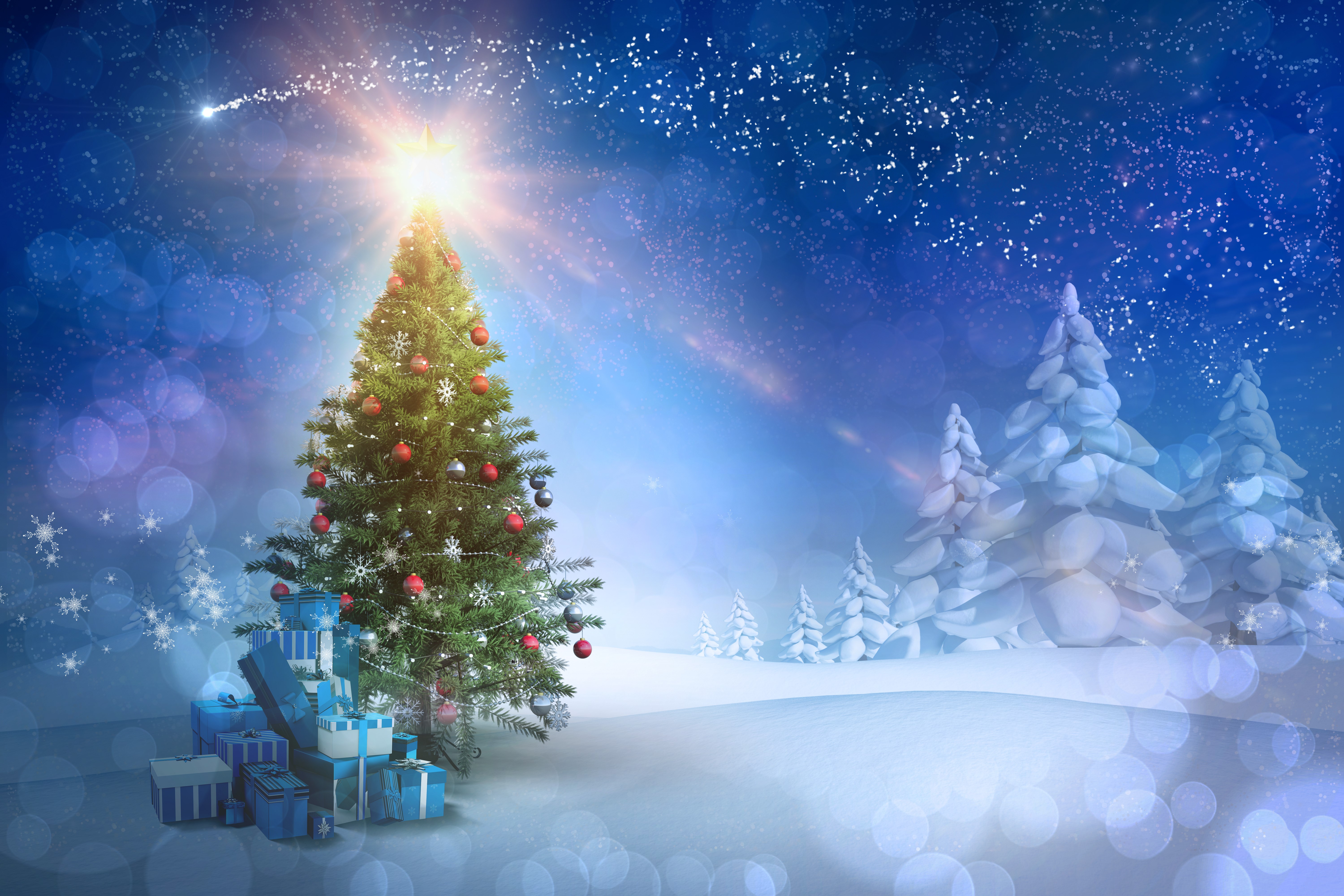 Christmas Tree with Gifts in Snowy Landscape HD Wallpaper