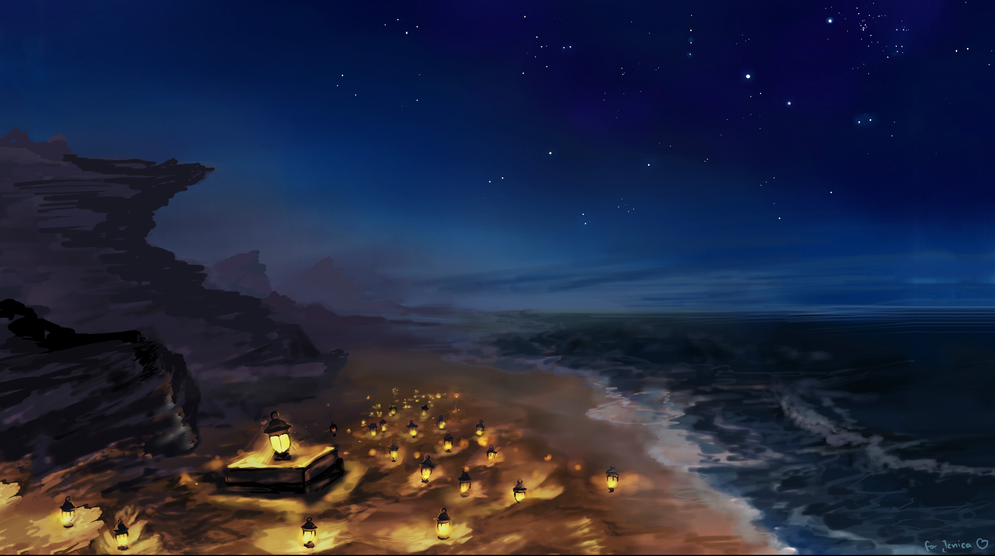 Night beach with lanterns and starry sky HD Wallpaper