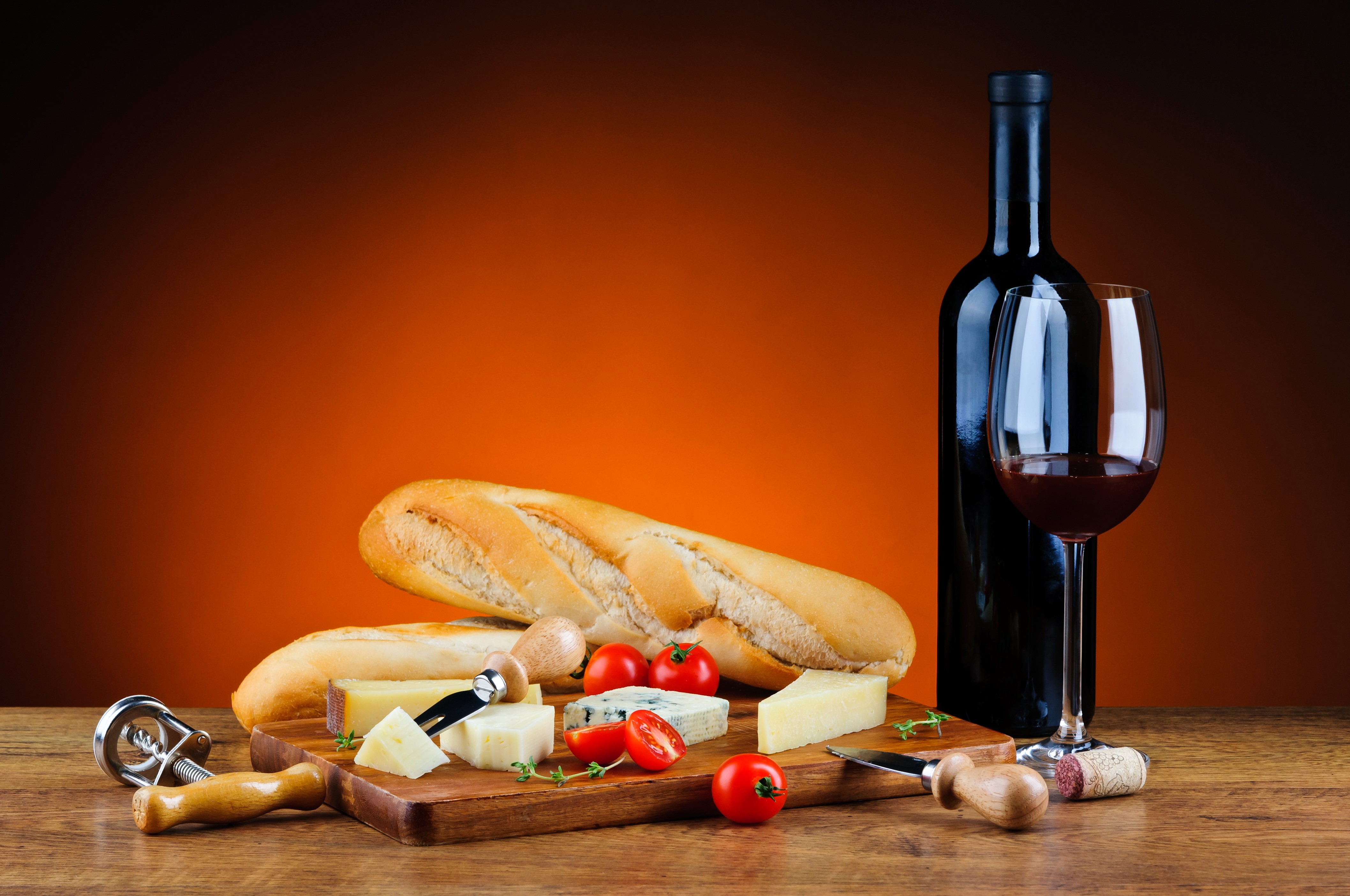 Bread, Cheese, Tomatoes, and Wine HD Wallpaper
