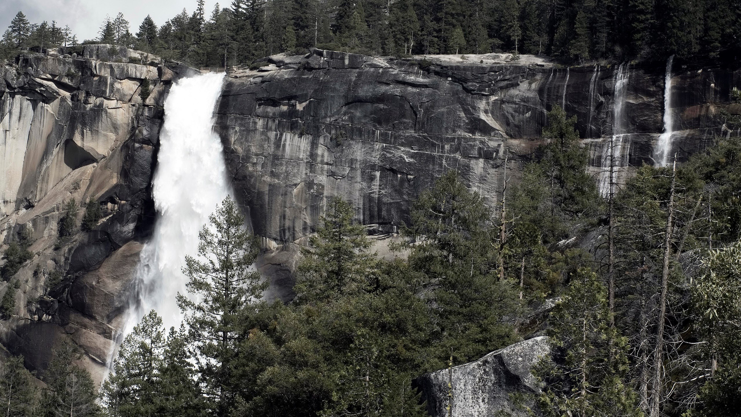 Waterfall cascading down a rocky cliff face with pine trees HD Wallpaper