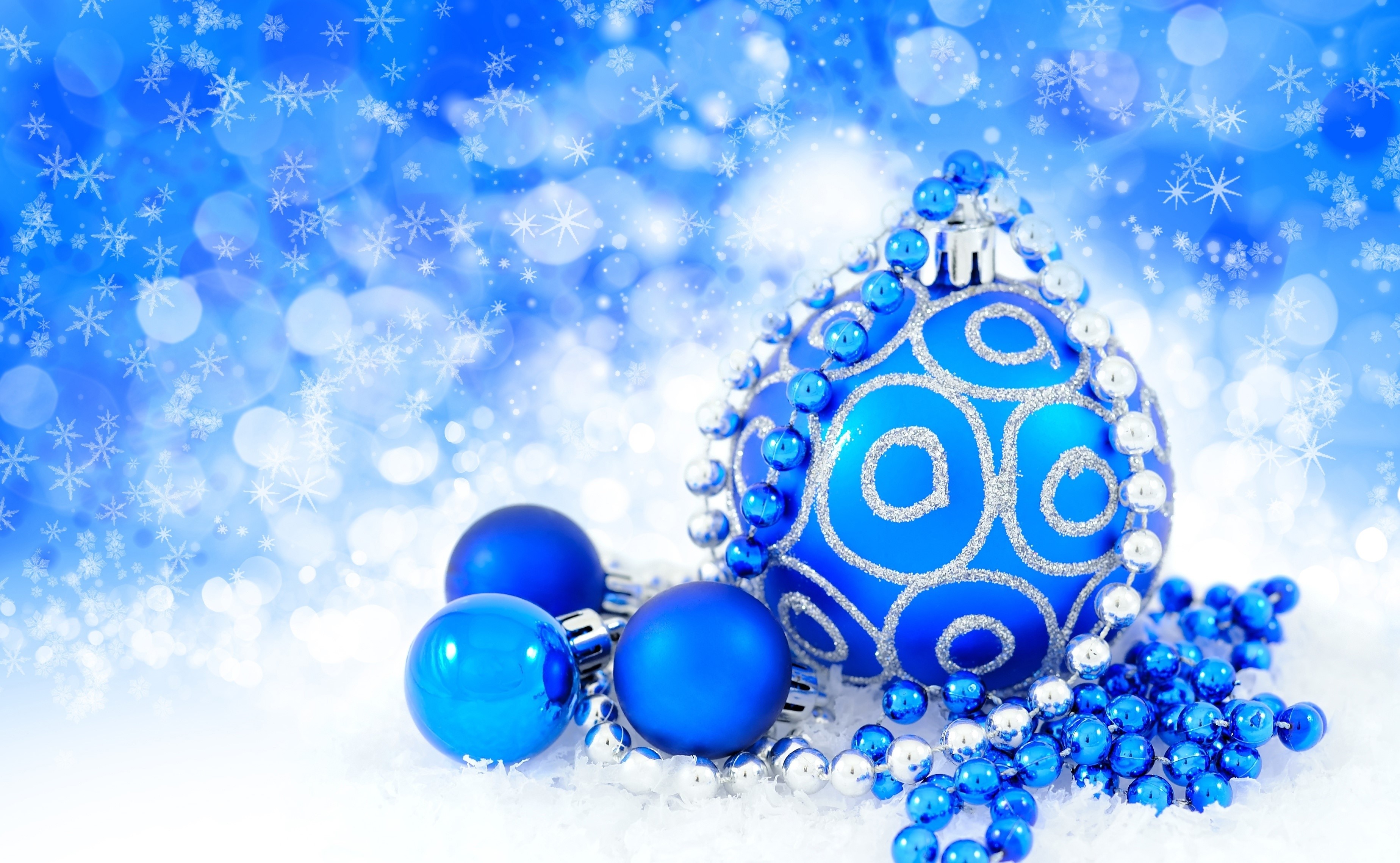 Blue Christmas Ornaments with Snowflakes HD Wallpaper