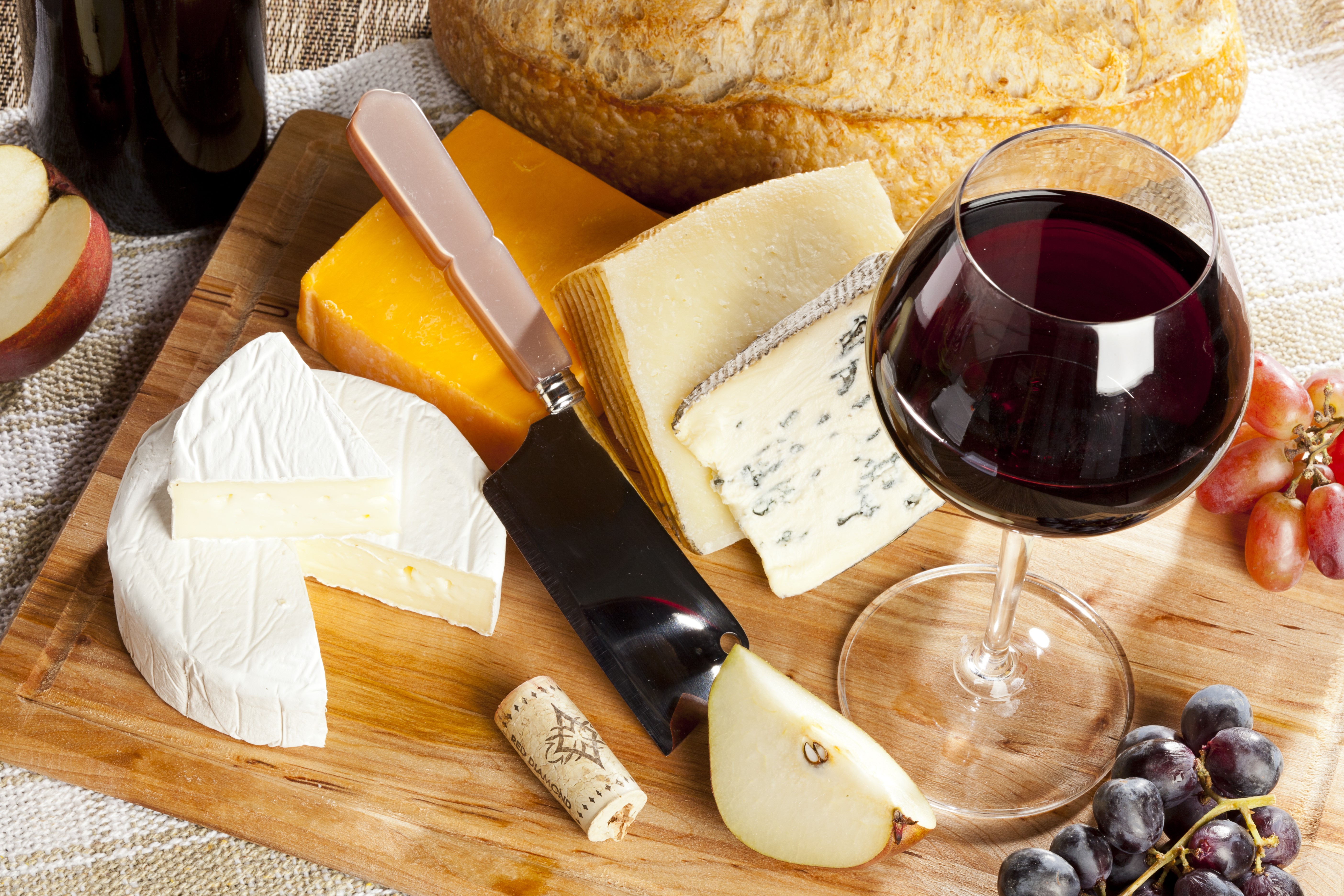 Cheese, Wine, and Bread Platter HD Wallpaper