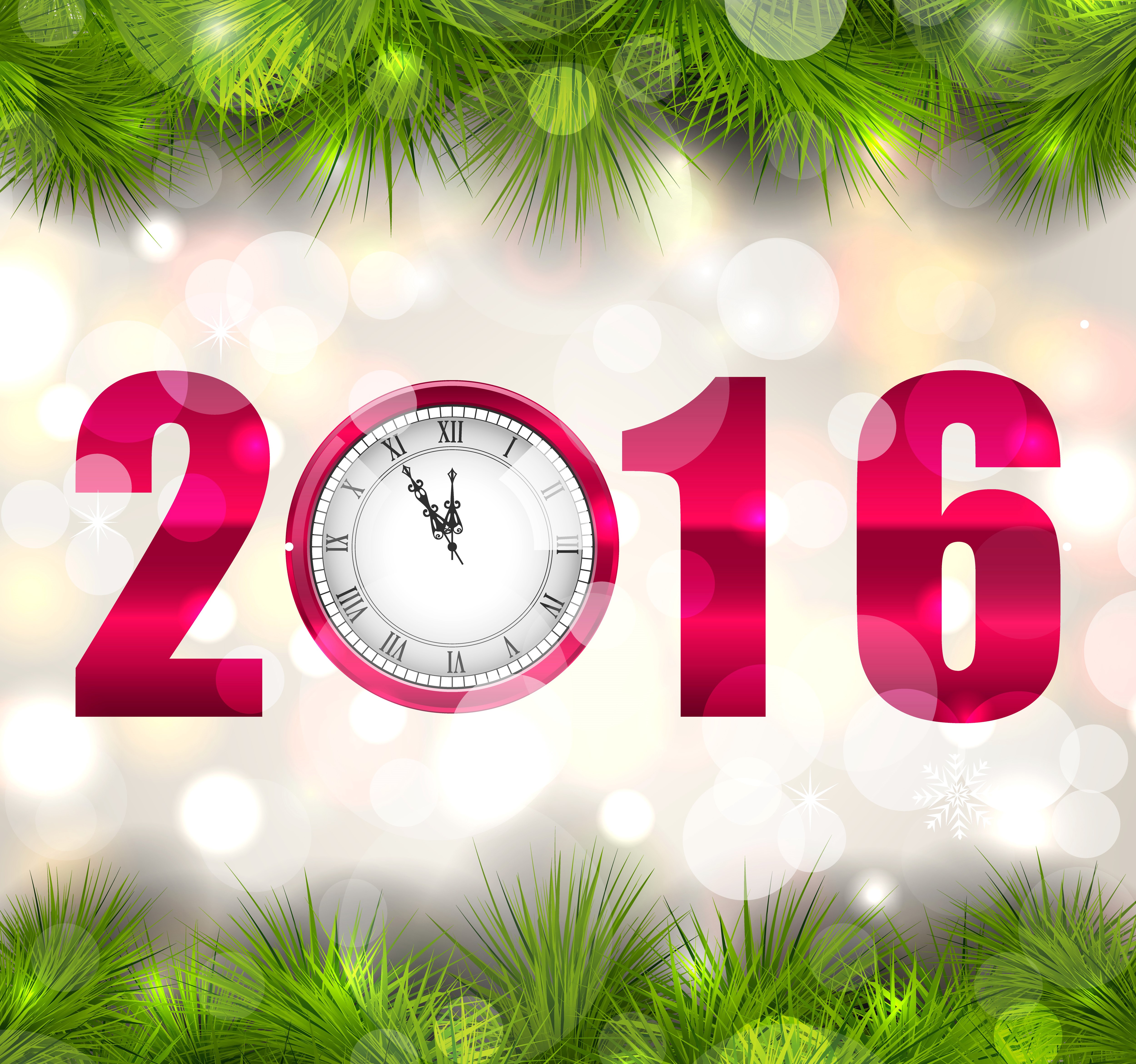 2016 New Year Clock with Pine Branches HD Wallpaper