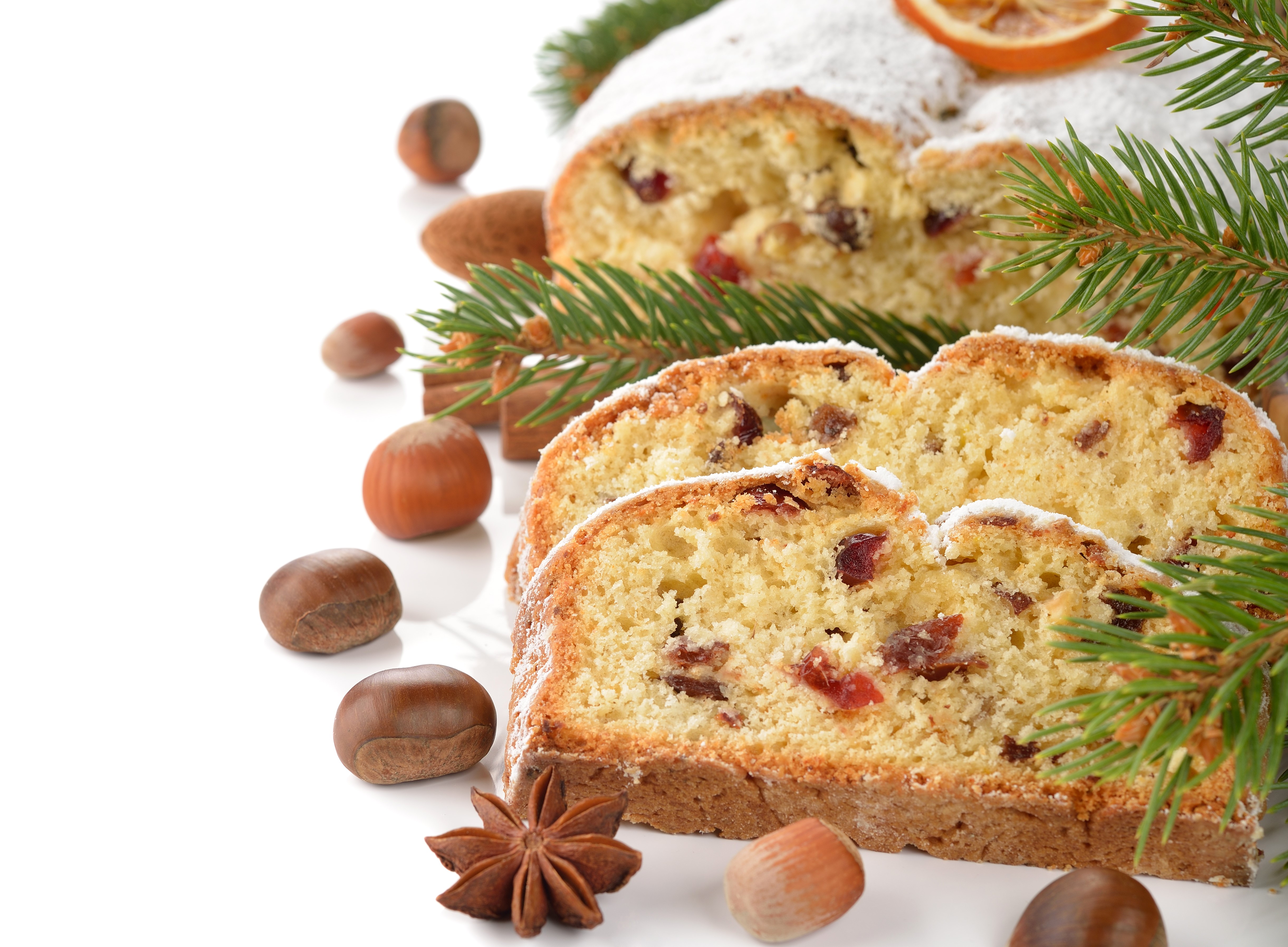 Christmas Stollen with Nuts and Fir Branches HD Wallpaper