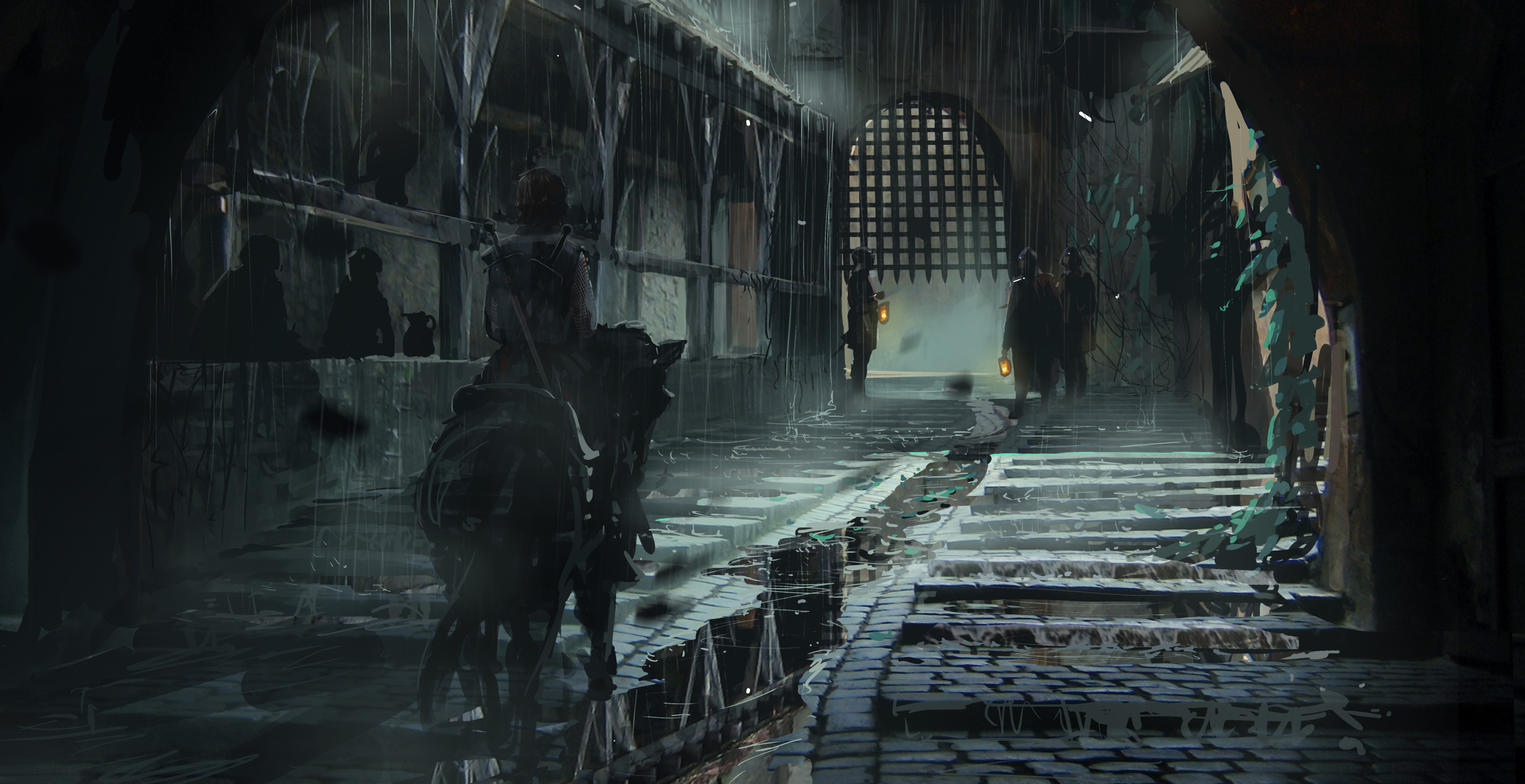 Medieval street at night with horses and people HD Wallpaper