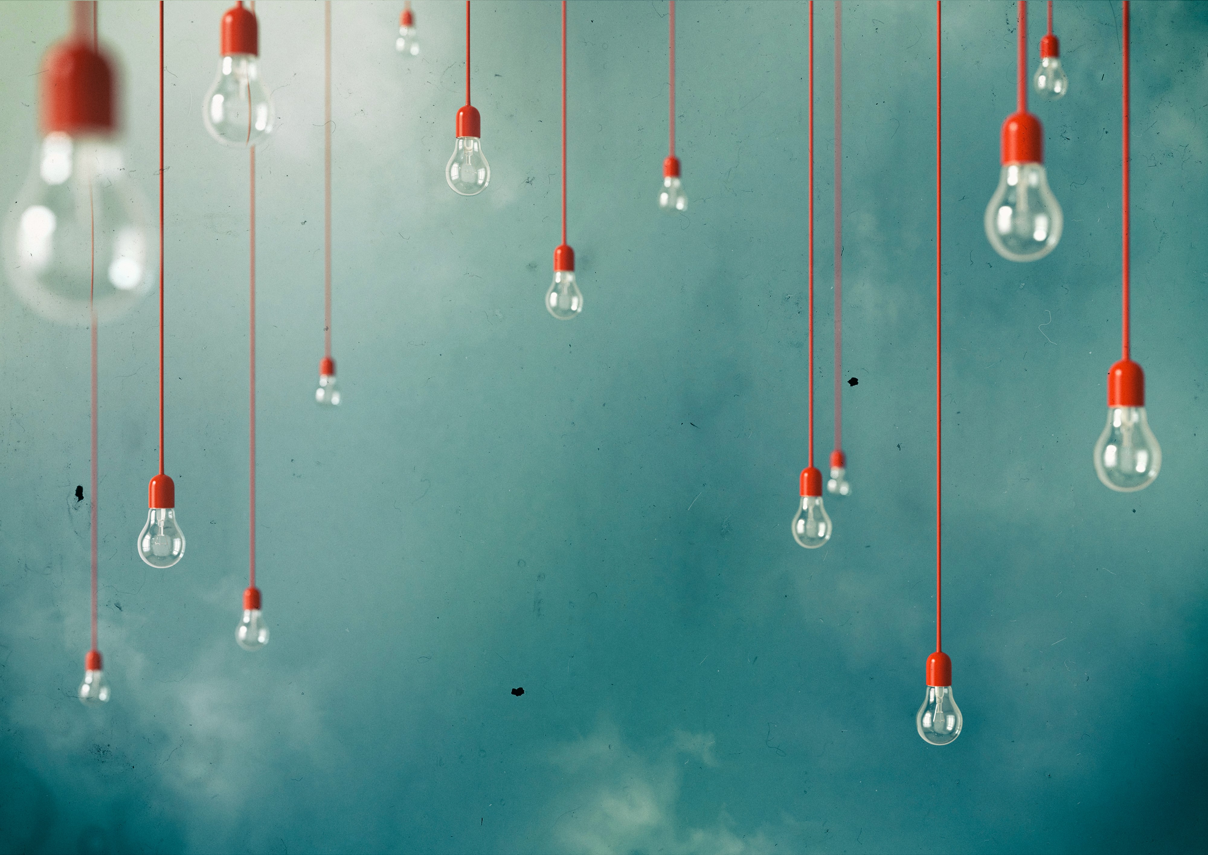 Many hanging light bulbs with red caps HD Wallpaper