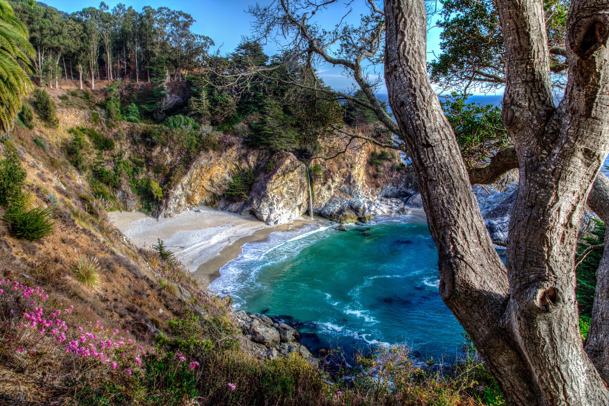 Waterfall cascading onto a beach with trees in the foreground HD Wallpaper
