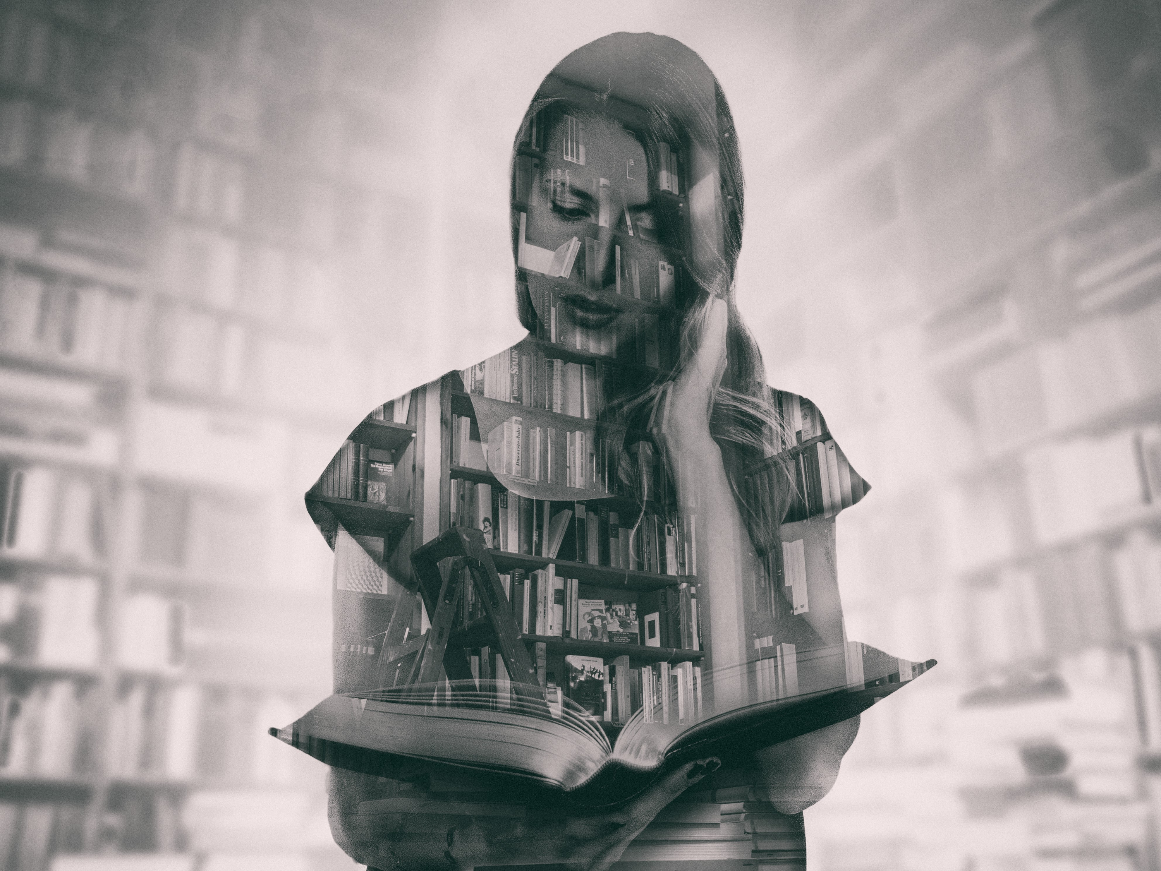 Double exposure of woman reading in library HD Wallpaper