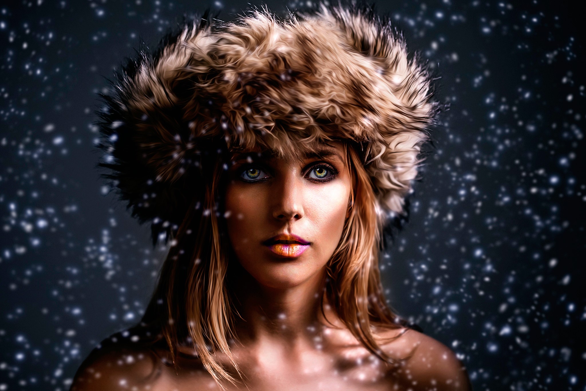Woman in fur hat with snow falling HD Wallpaper