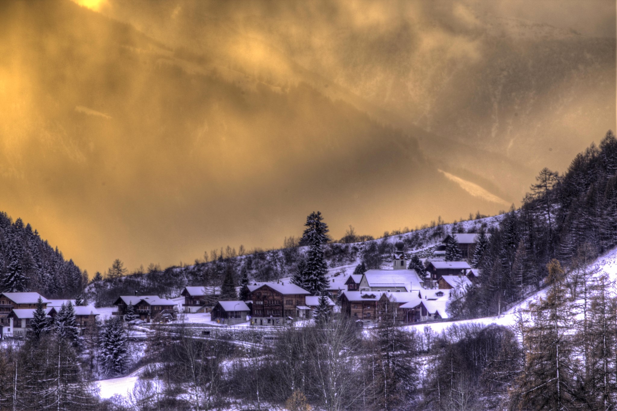 Houses in Blitzingen, Switzerland during winter HD Wallpaper
