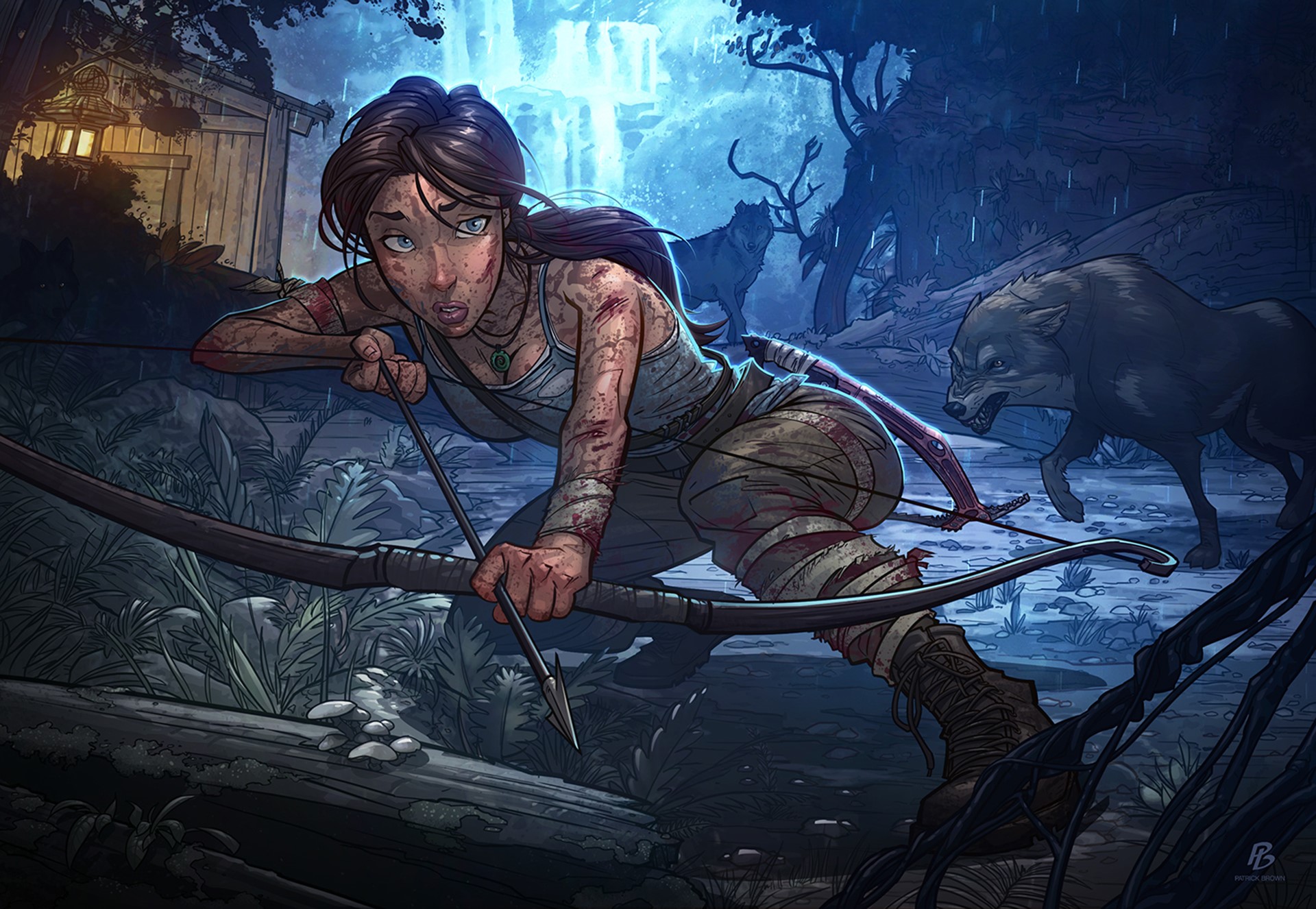 Lara Croft from Tomb Raider aiming bow at wolves HD Wallpaper