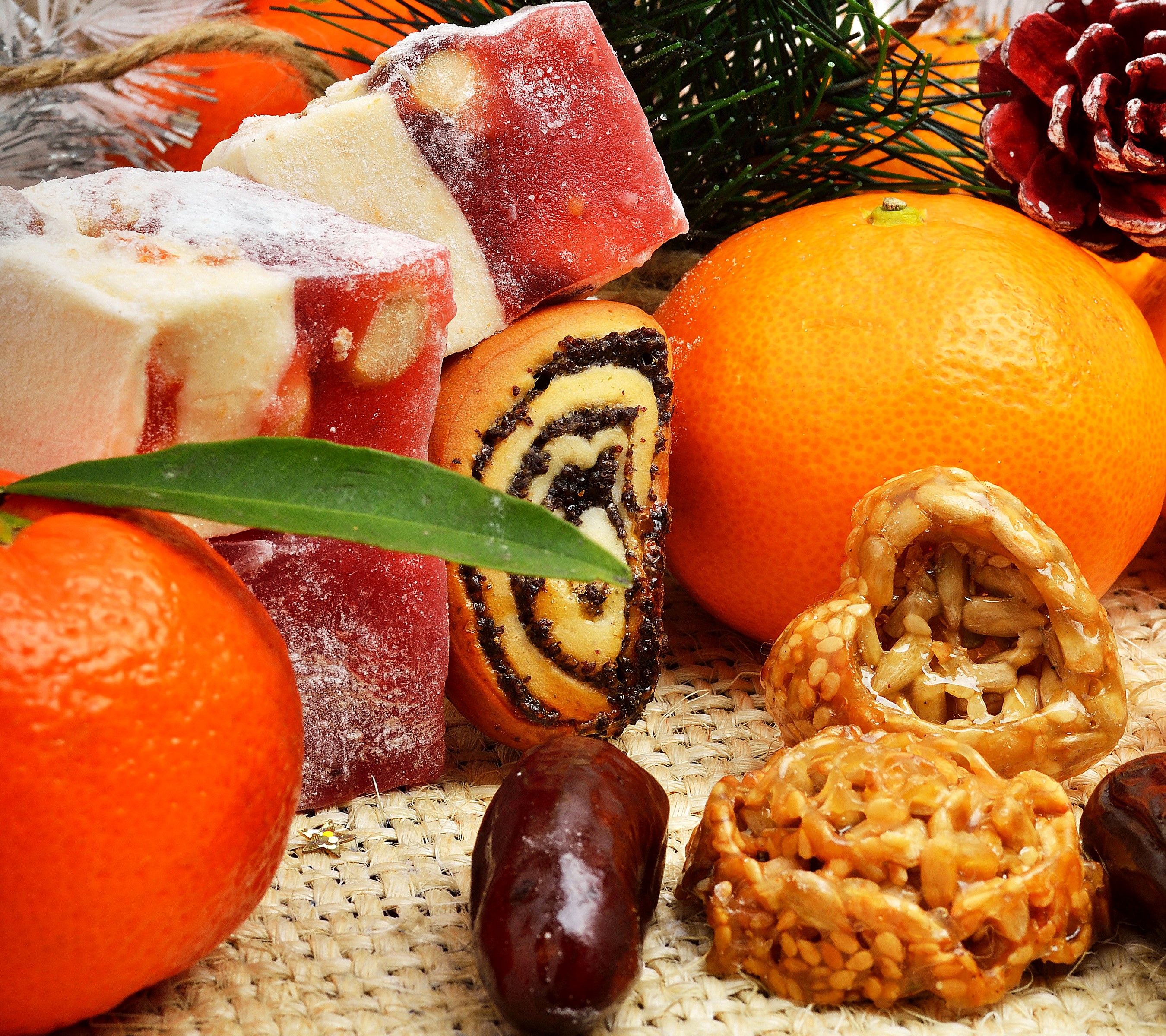 Assortment of sweets, mandarins, and pastry HD Wallpaper