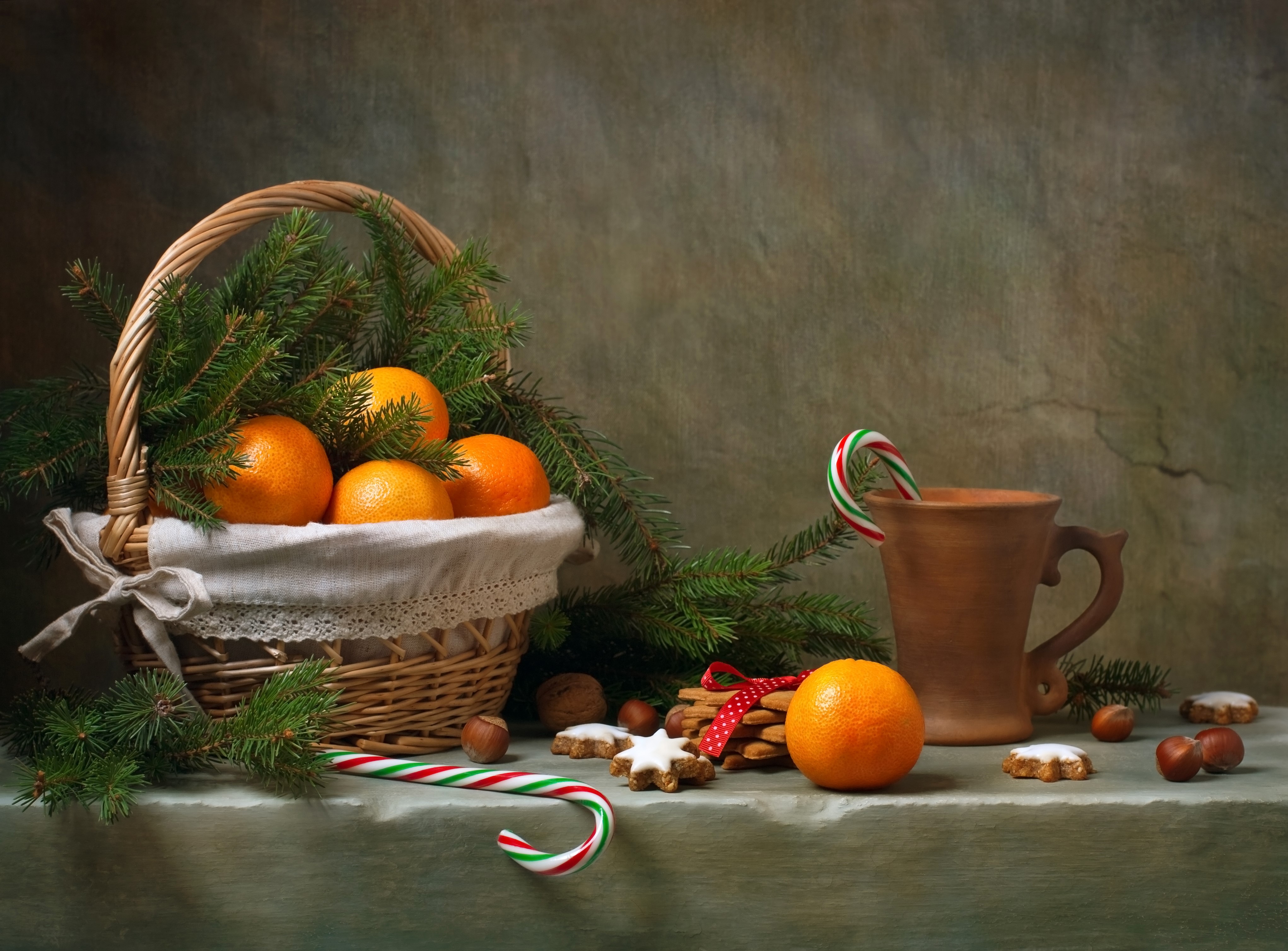 Christmas still life with tangerines, cookies, and candy canes HD Wallpaper